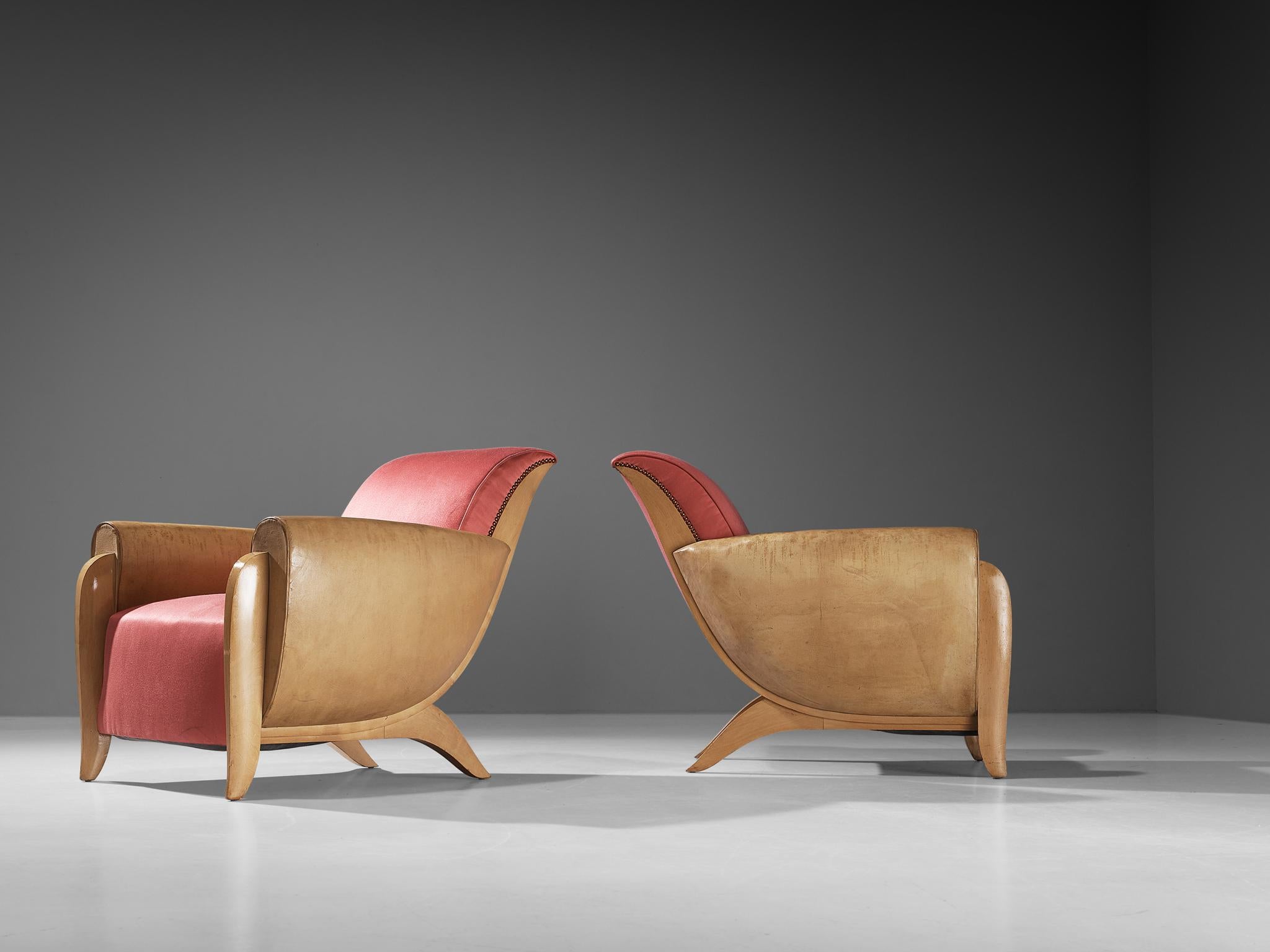 Mid-20th Century French Pair of Art Deco Lounge Chairs in Leather and Pink Silk For Sale