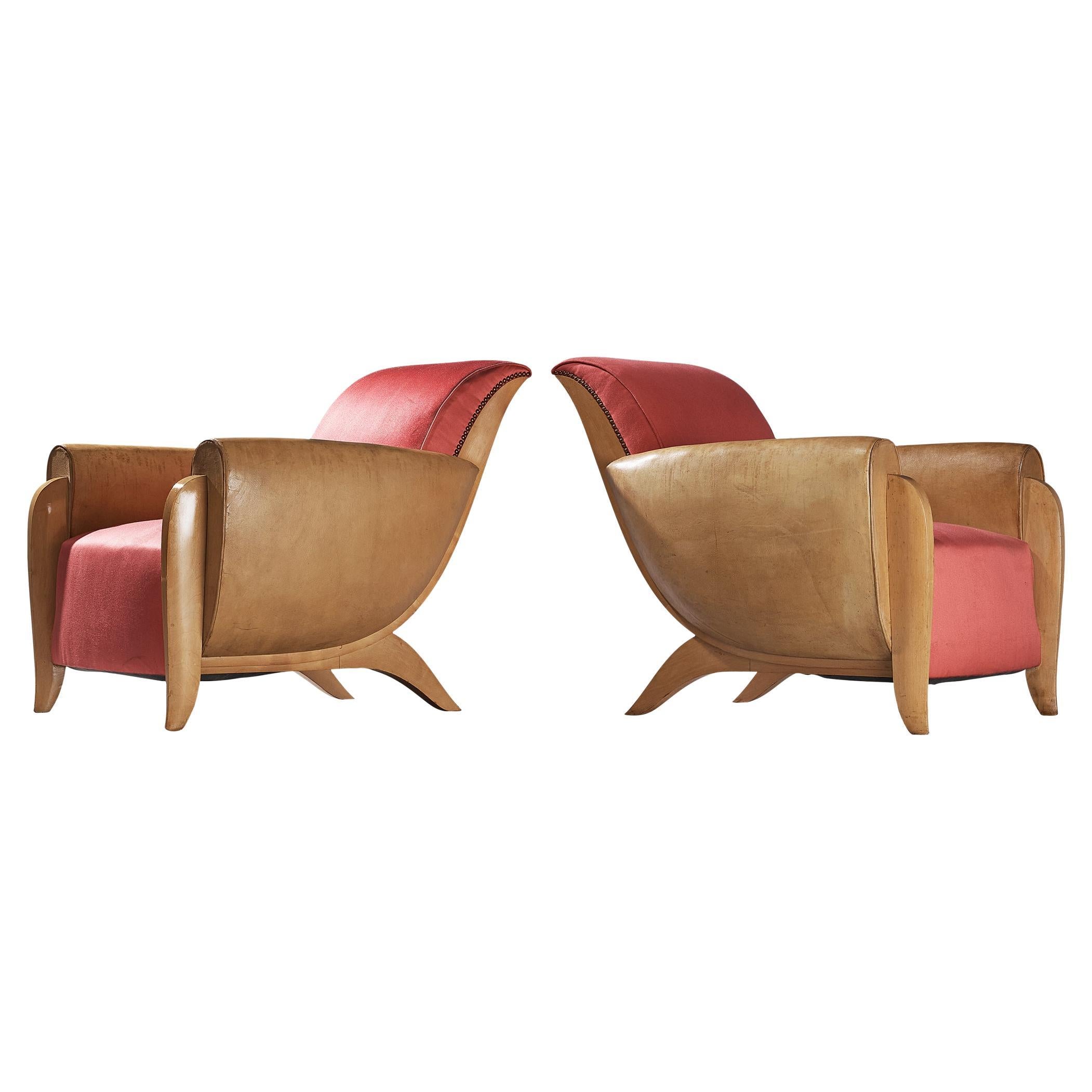 French Pair of Art Deco Lounge Chairs in Leather and Pink Silk
