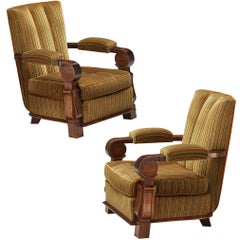 French Art Deco Lounge Chairs in Mahogany and Striped Fabric