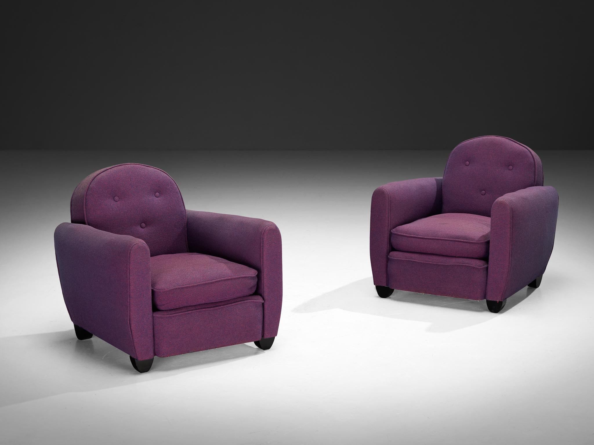 Pair of lounge chairs, fabric, beech, France, 1930s

This lovely set of lounge chairs is originating from France during the Art Deco period. The style is reminiscent of the work of the acclaimed French designer Maurice Dufrêne. Upholstered in a deep