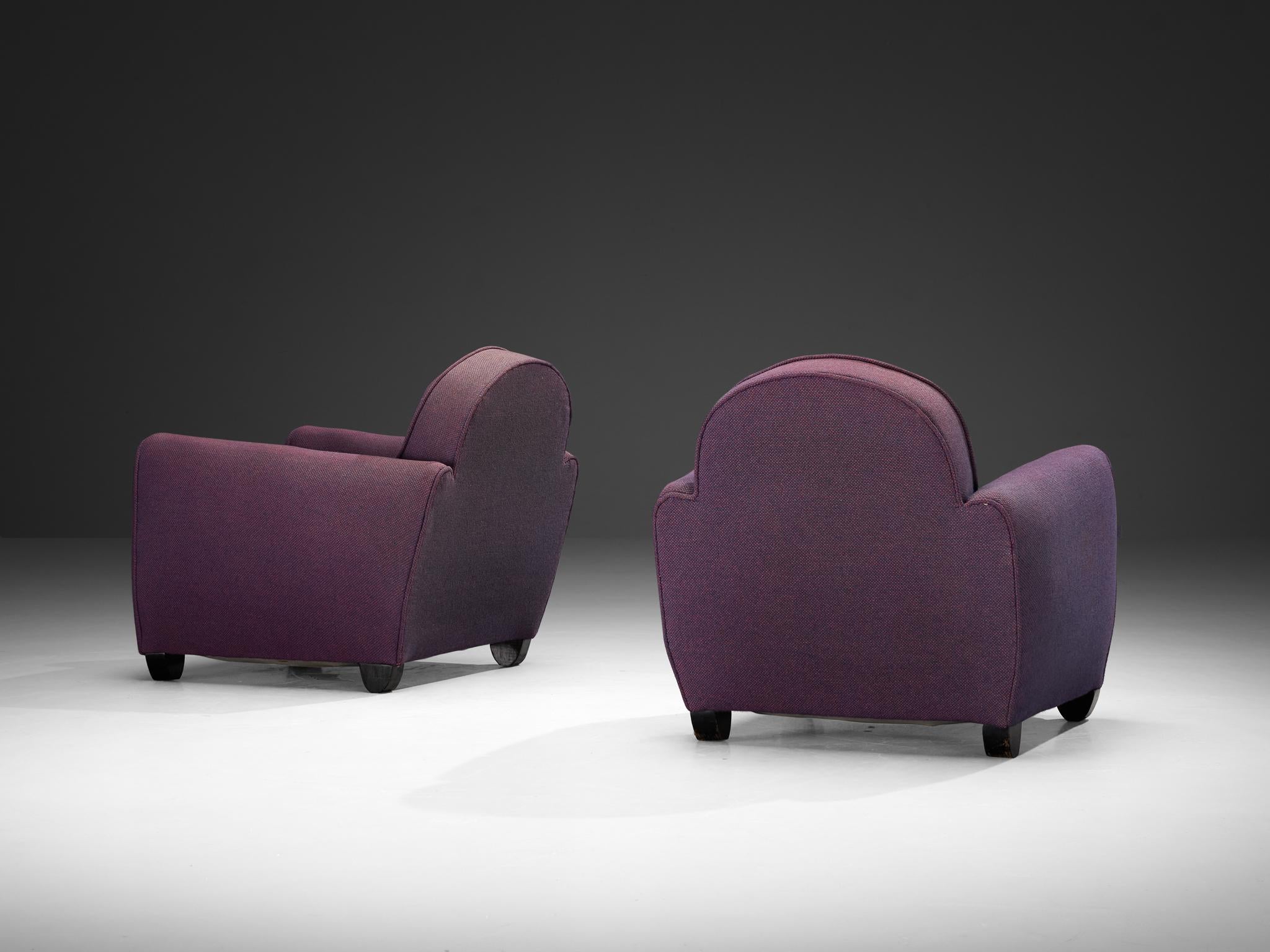 Fabric French Art Deco Pair of Lounge Chairs in Purple Upholstery For Sale