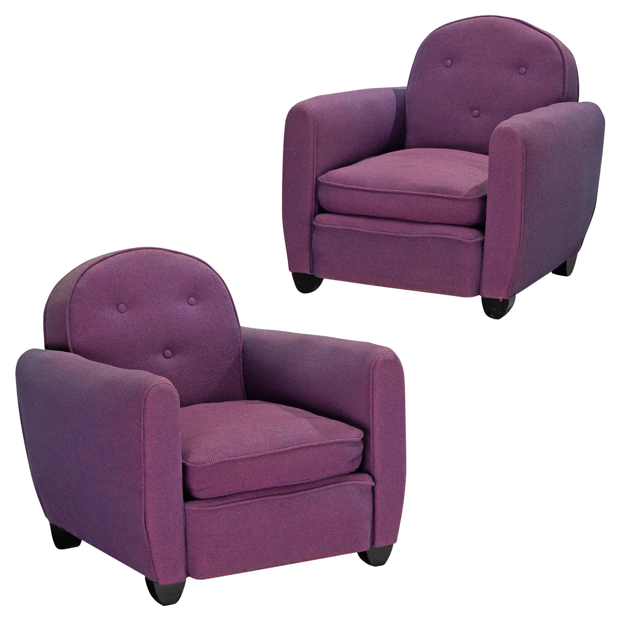 French Art Deco Pair of Lounge Chairs in Purple Upholstery