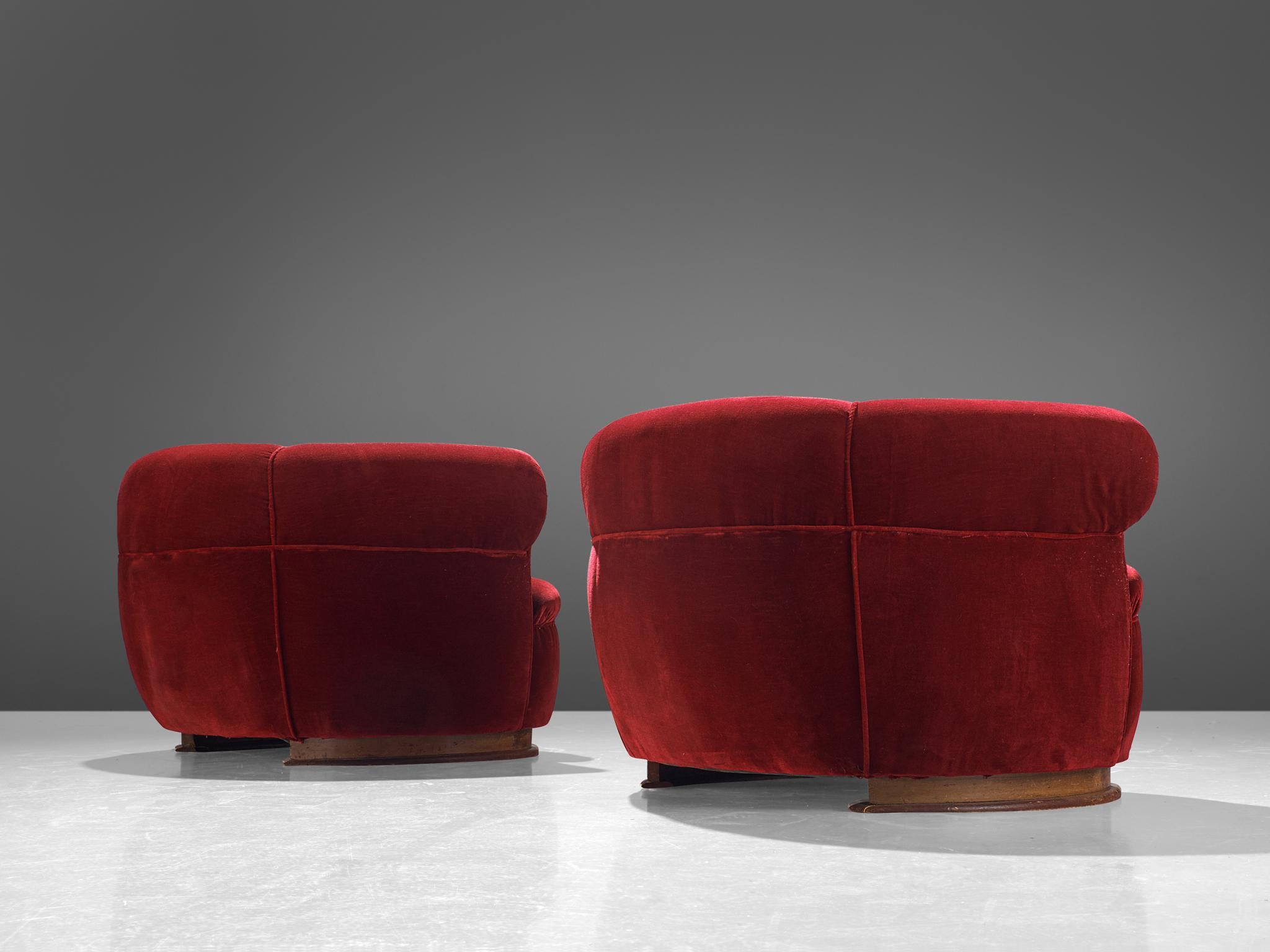 French Art Deco Lounge Chairs in Red Velvet Upholstery In Good Condition In Waalwijk, NL