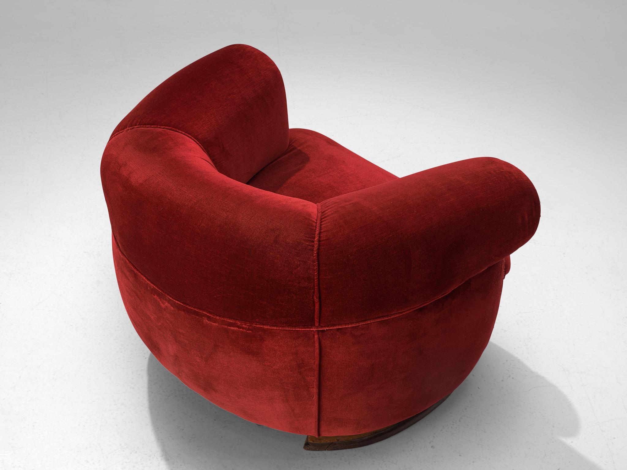 Mid-20th Century French Art Deco Lounge Chairs in Red Velvet Upholstery