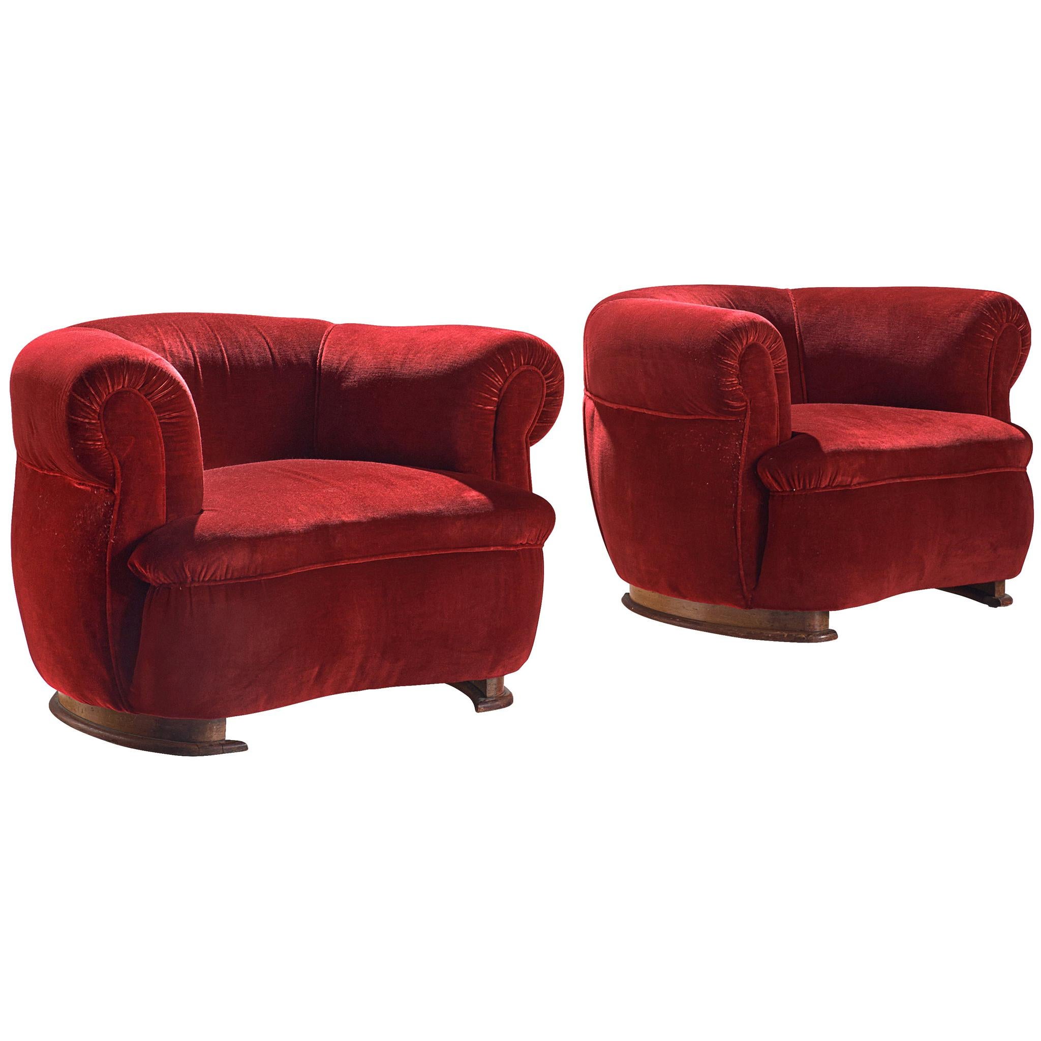 French Art Deco Lounge Chairs in Red Velvet Upholstery