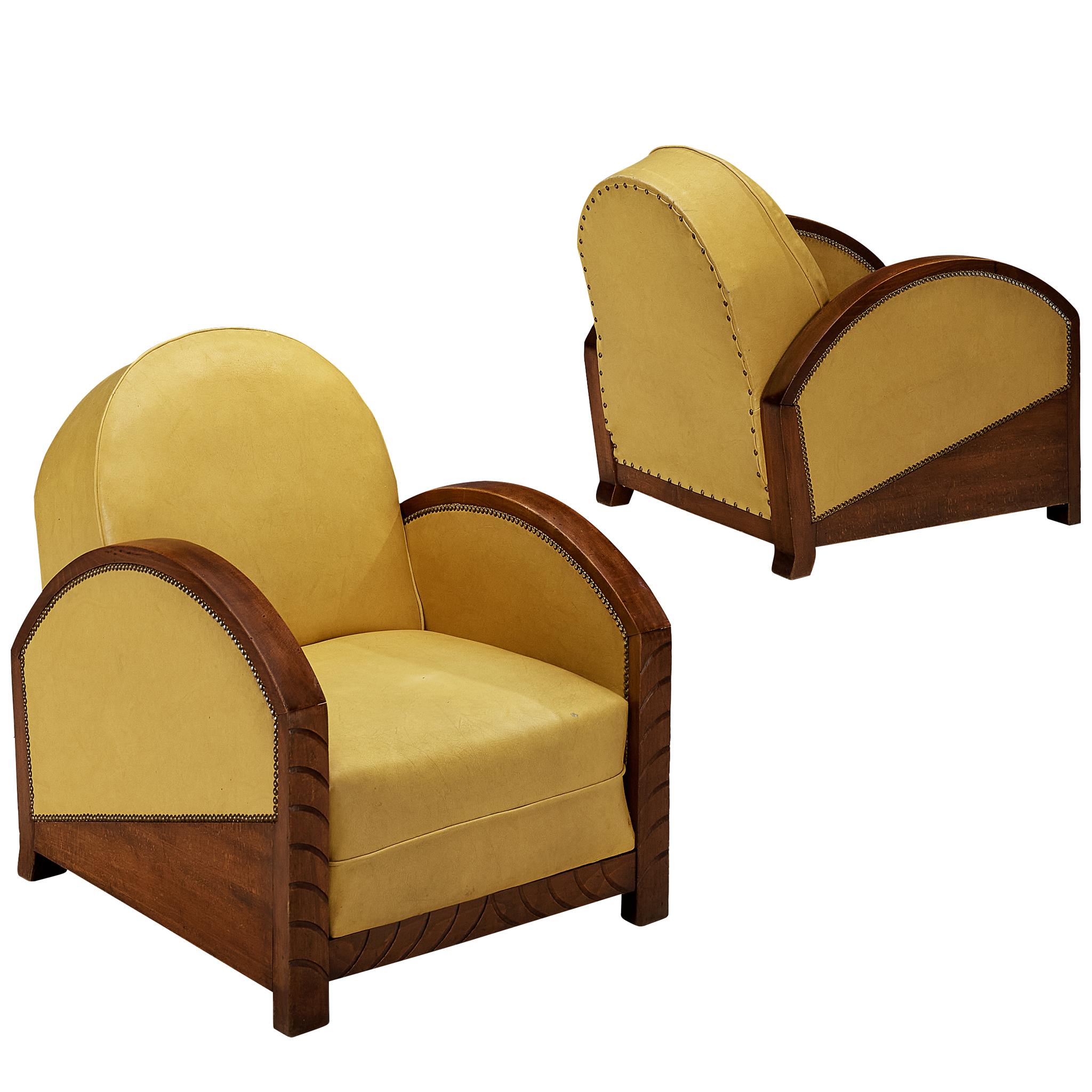 French Art Deco Lounge Chairs in Wood and Yellow Leatherette