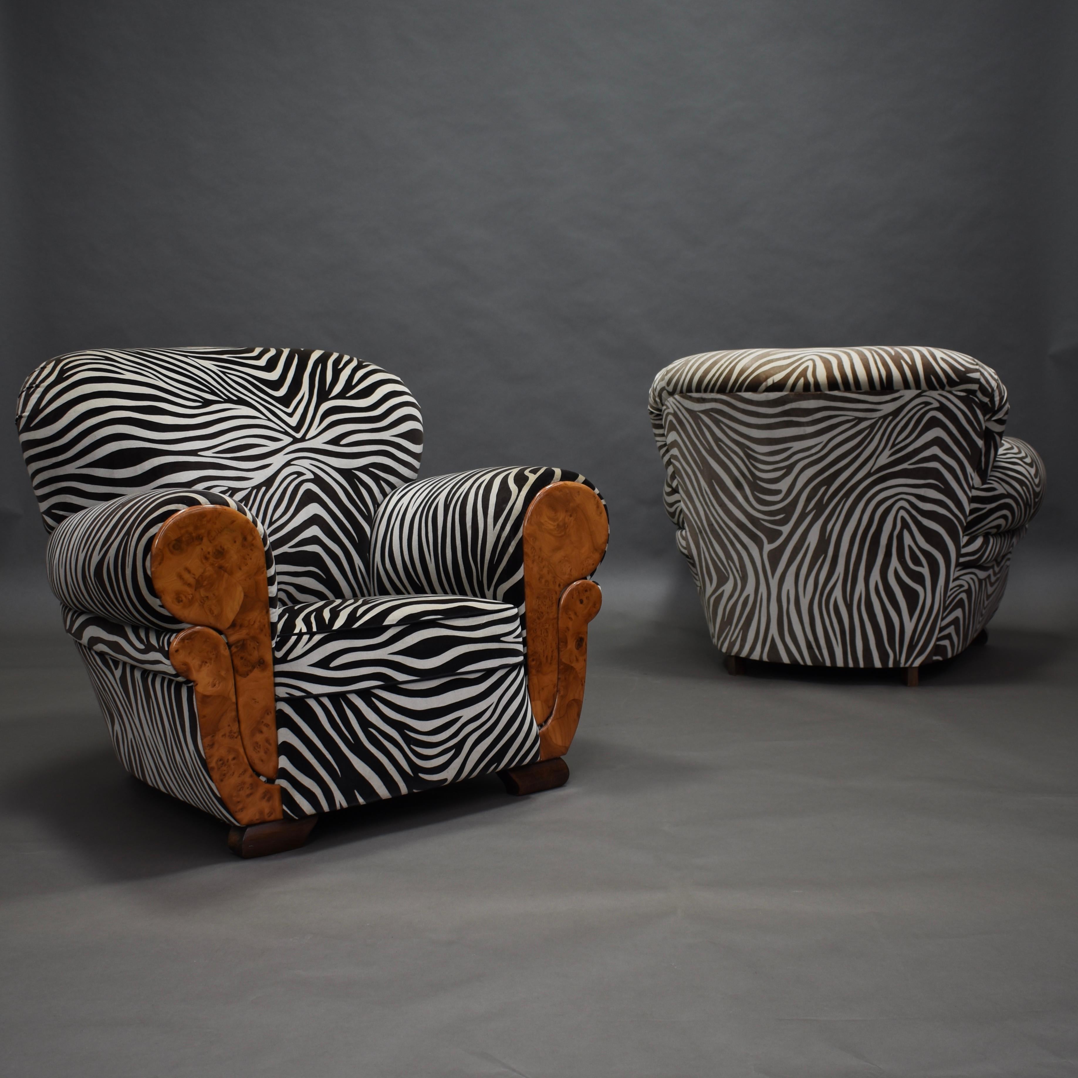 French Art Deco Lounge Club Chairs in Burl Wood and Zebra Velvet, circa 1930 In Good Condition In Pijnacker, Zuid-Holland
