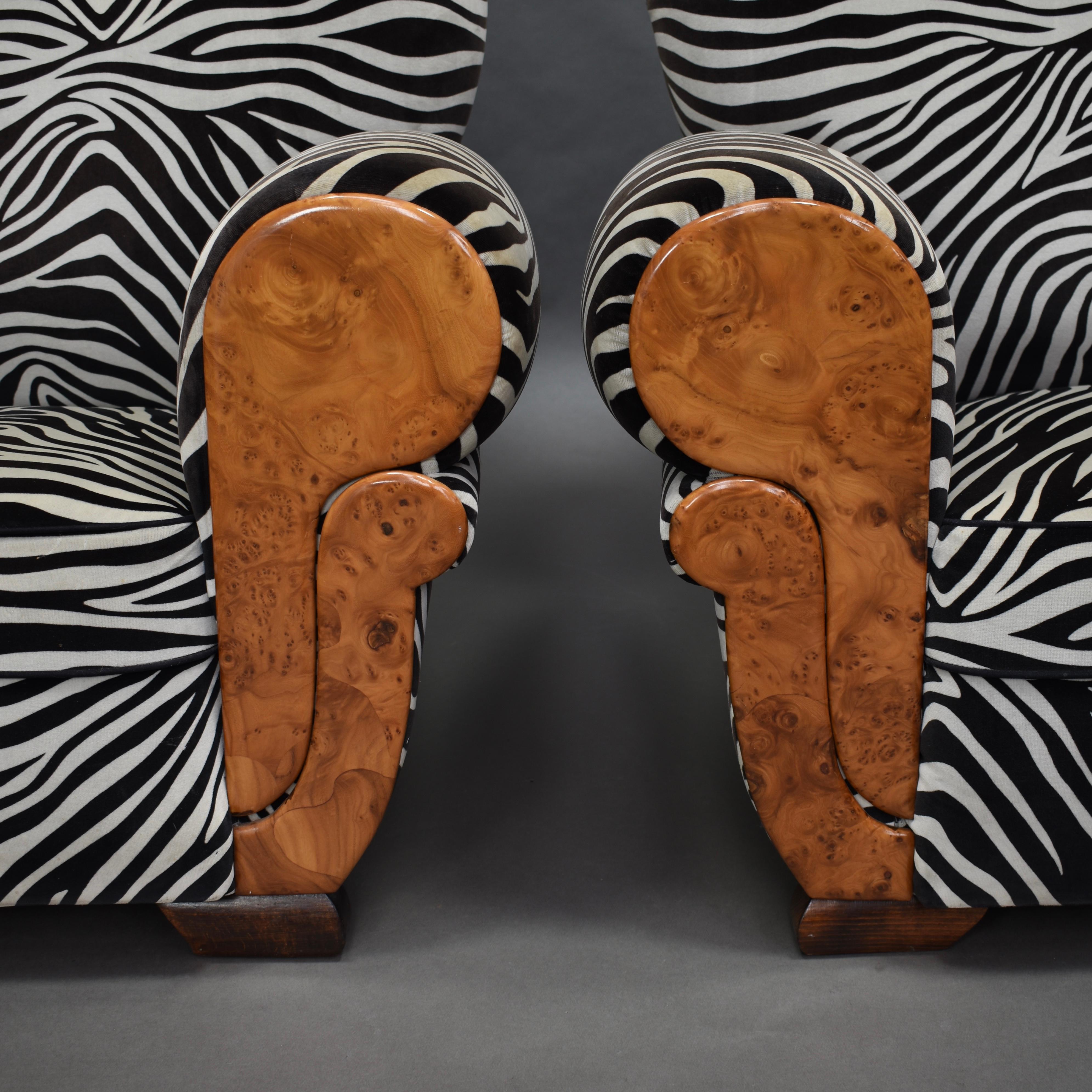 French Art Deco Lounge Club Chairs in Burl Wood and Zebra Velvet, circa 1930 1