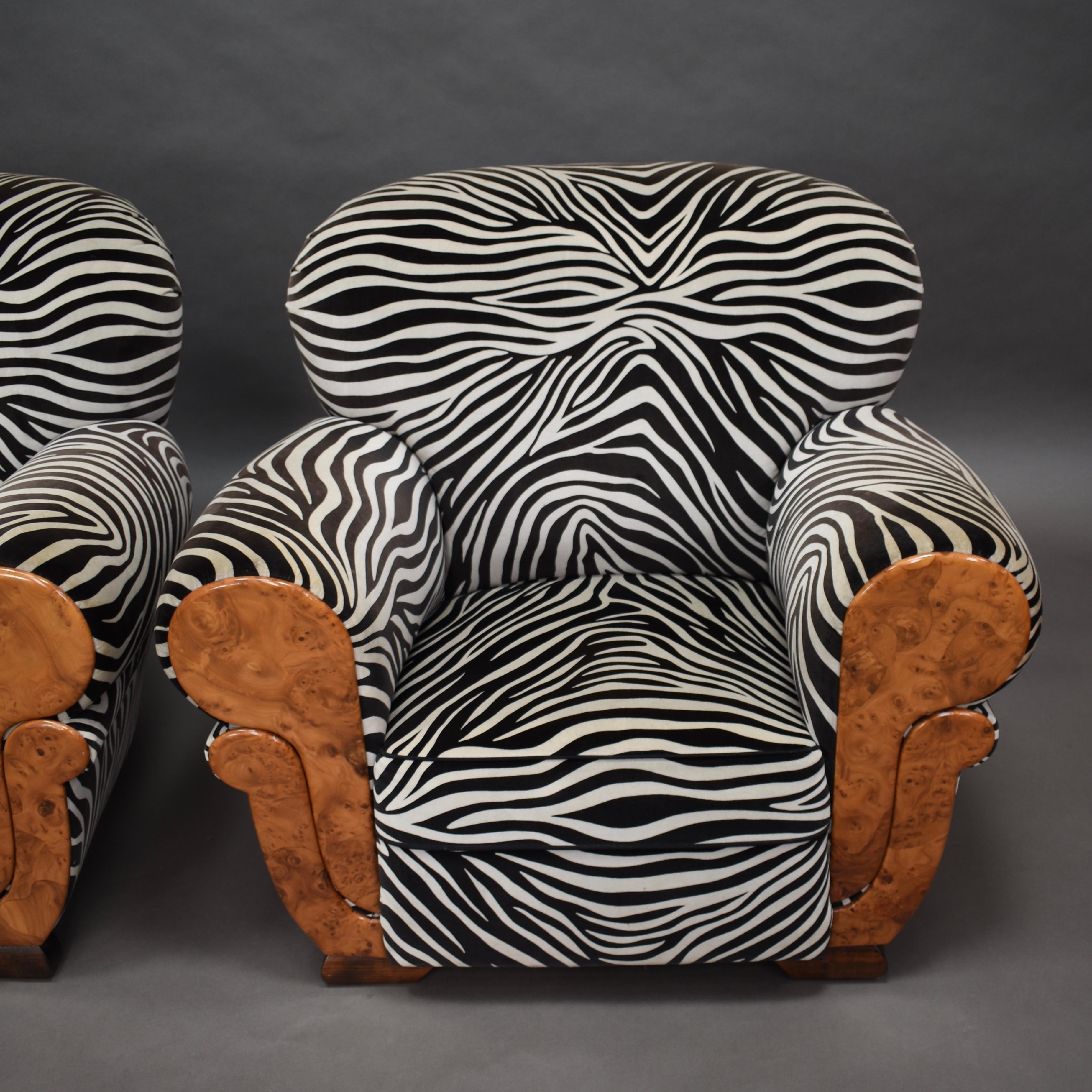 French Art Deco Lounge Club Chairs in Burl Wood and Zebra Velvet, circa 1930 3