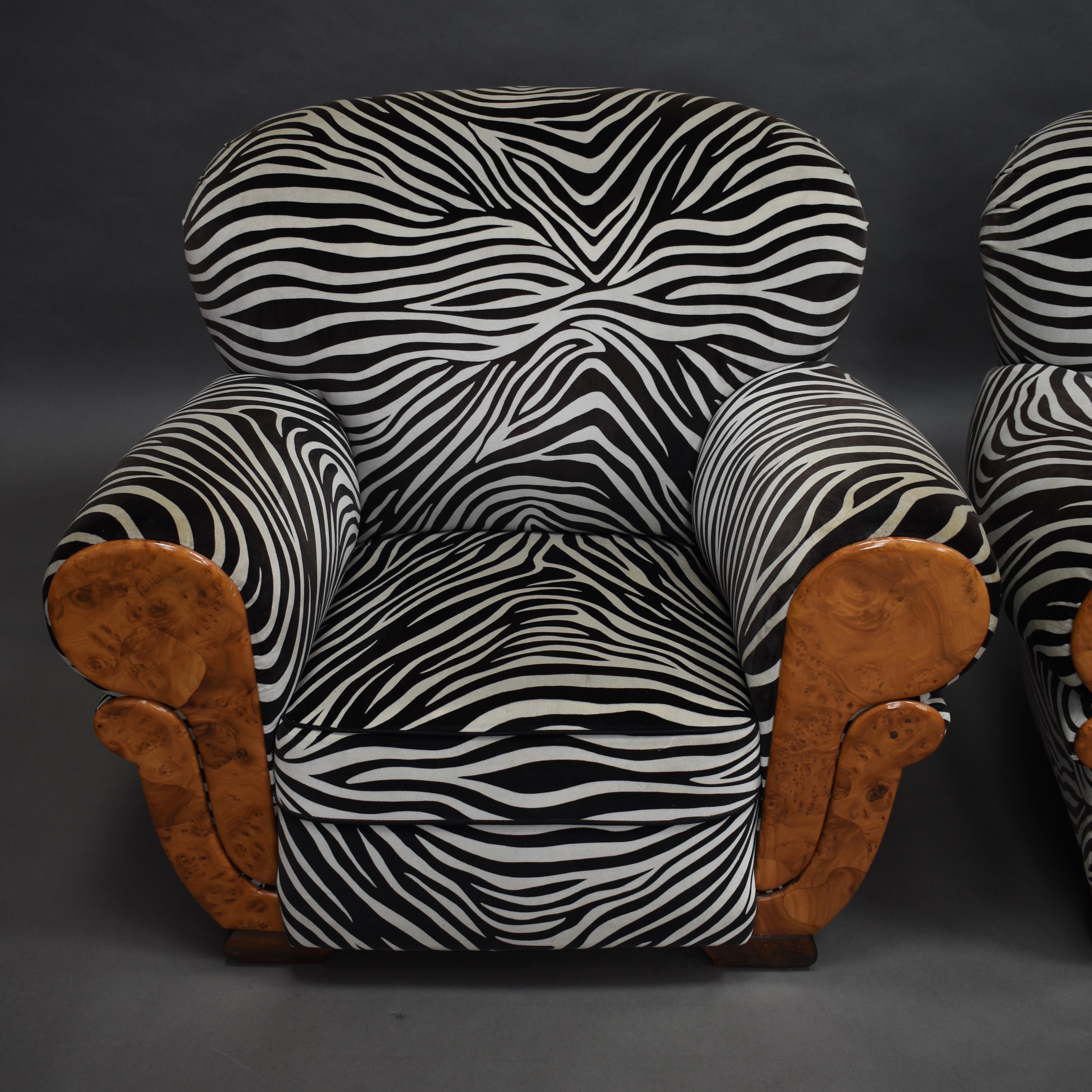 French Art Deco Lounge Club Chairs in Burl Wood and Zebra Velvet, circa 1930 4