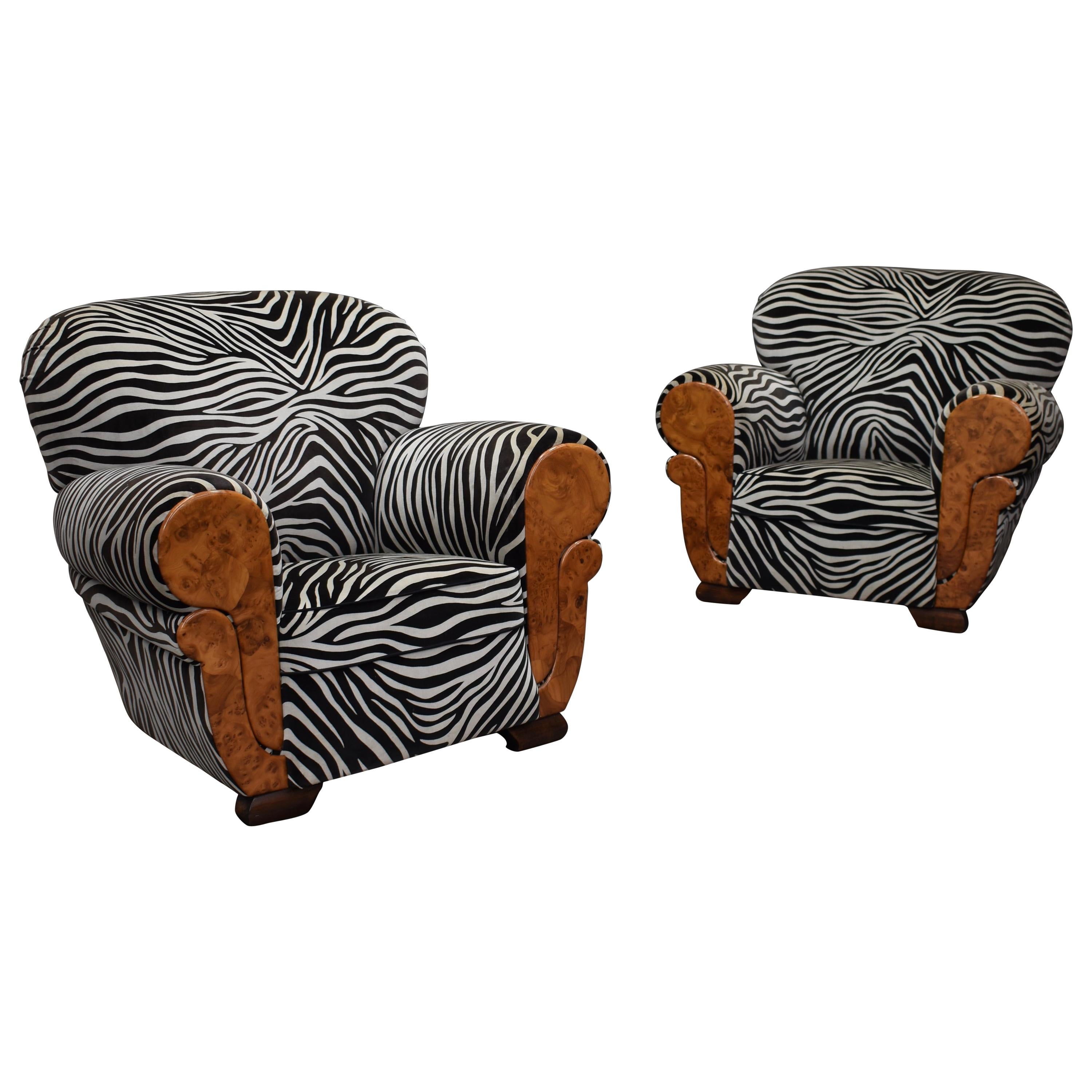 French Art Deco Lounge Club Chairs in Burl Wood and Zebra Velvet, circa 1930