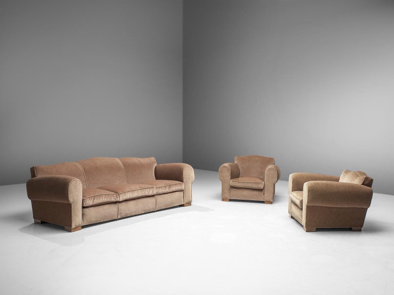 French Art Deco Lounge Set in Taupe Velvet by Maurice Rinck For Sale at