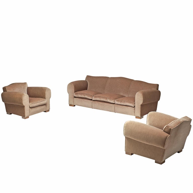French Art Deco Lounge Set in Taupe Velvet For Sale at 1stDibs
