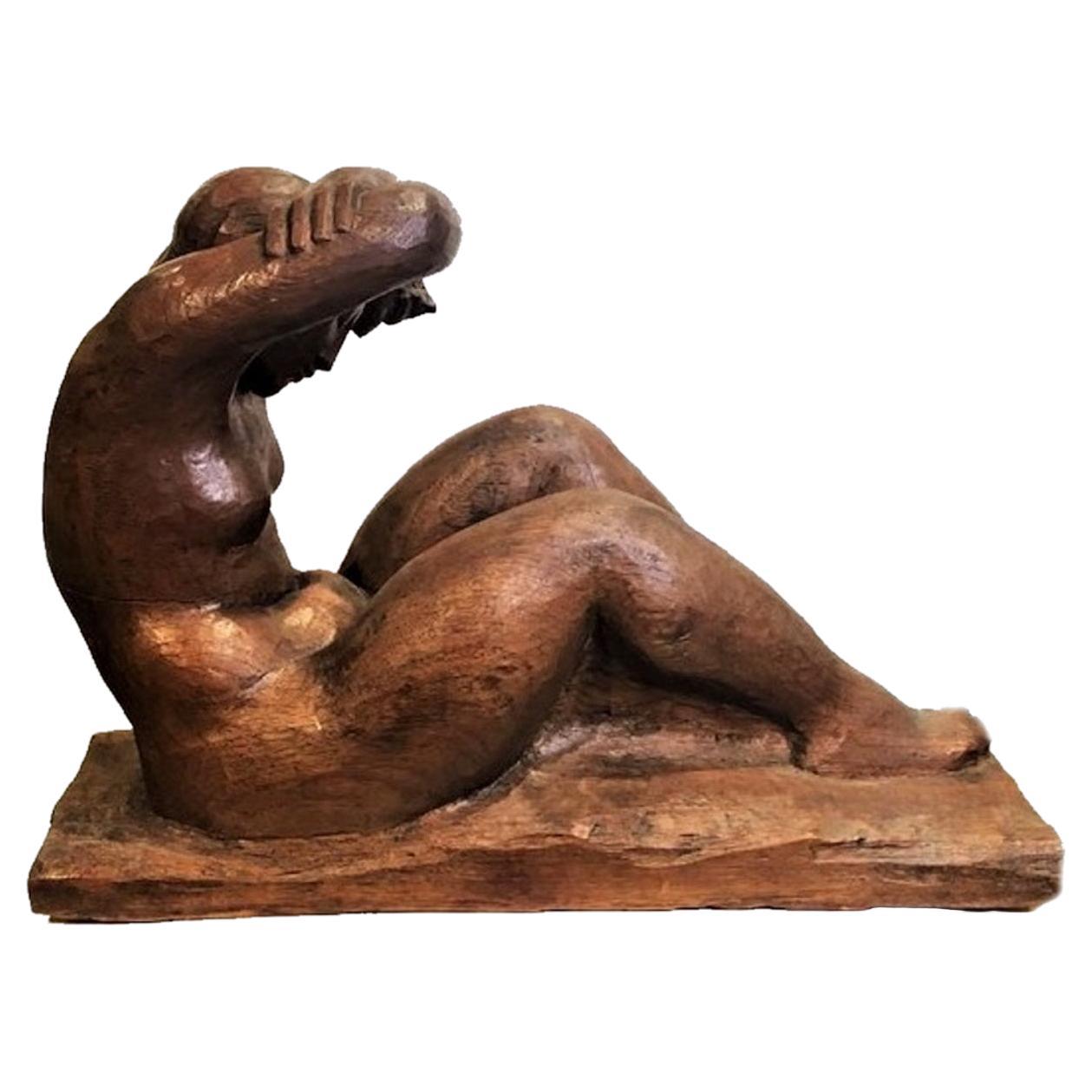 French Art Deco, Lounging Nude, Carved Wood Sculpture, ca. 1930 For Sale