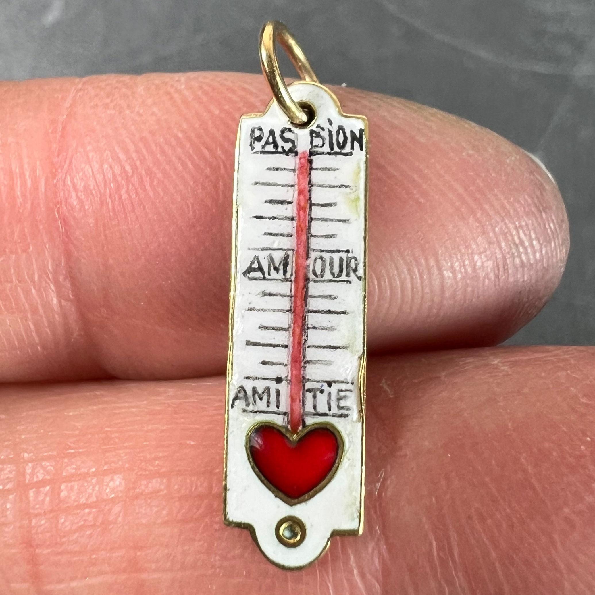 French Art Deco Love Thermometer 18K Yellow Gold Enamel Charm Pendant For Sale 1