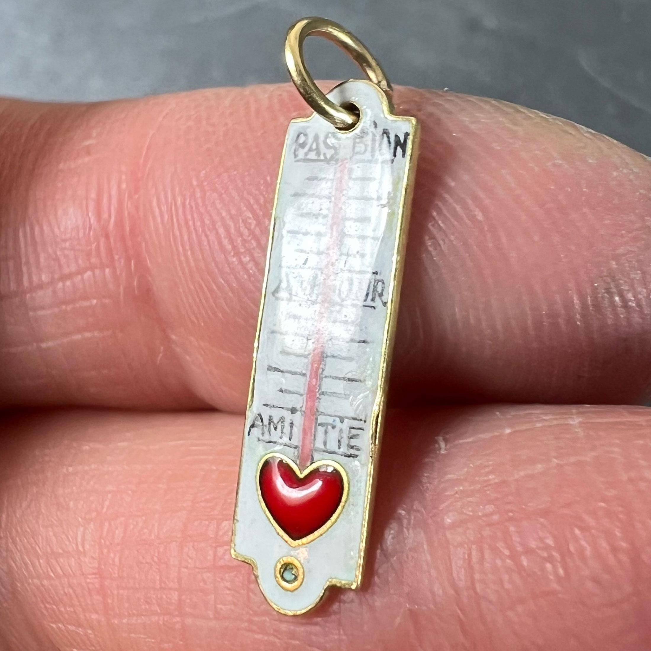 French Art Deco Love Thermometer 18K Yellow Gold Enamel Charm Pendant For Sale 2