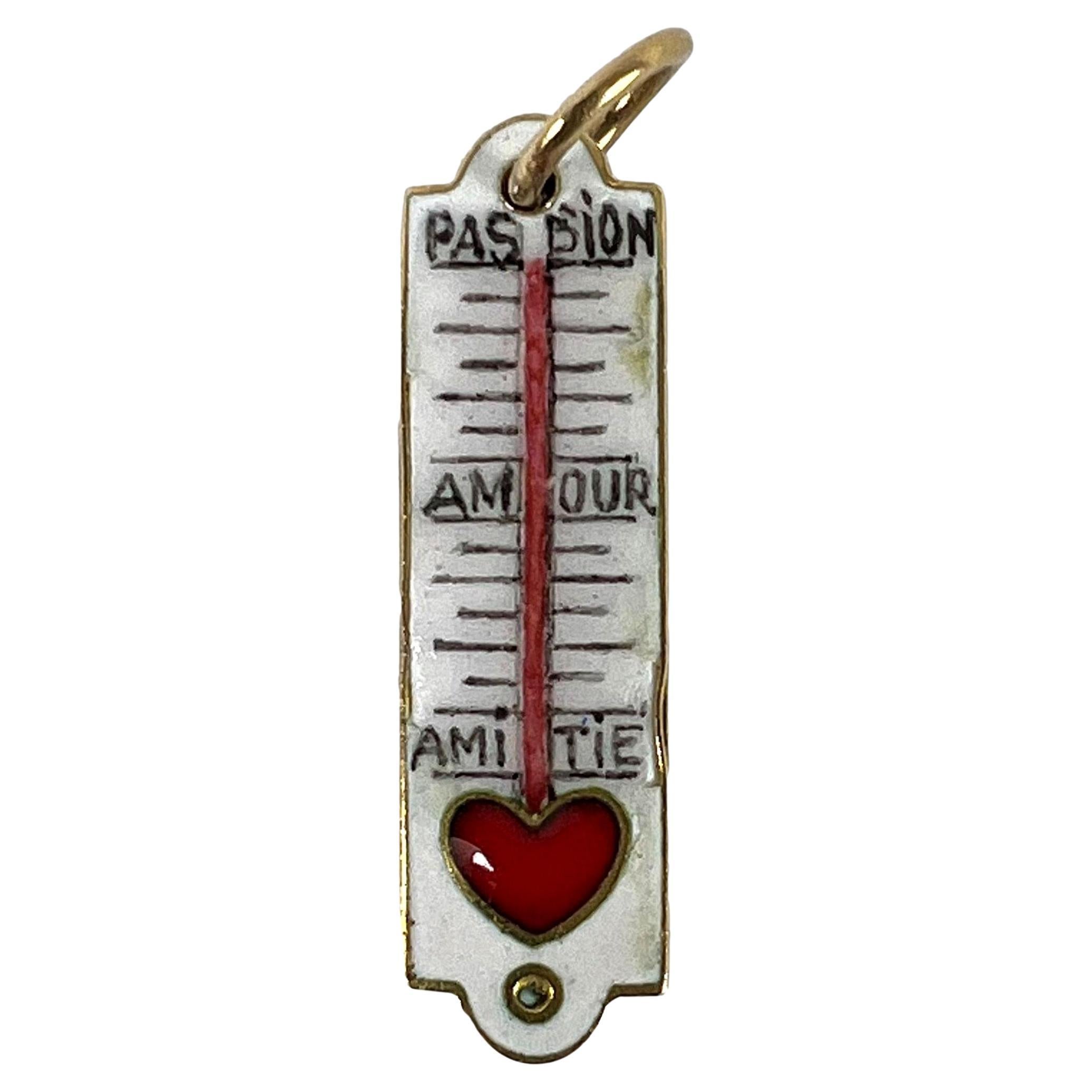 French Art Deco Love Thermometer 18K Yellow Gold Enamel Charm Pendant