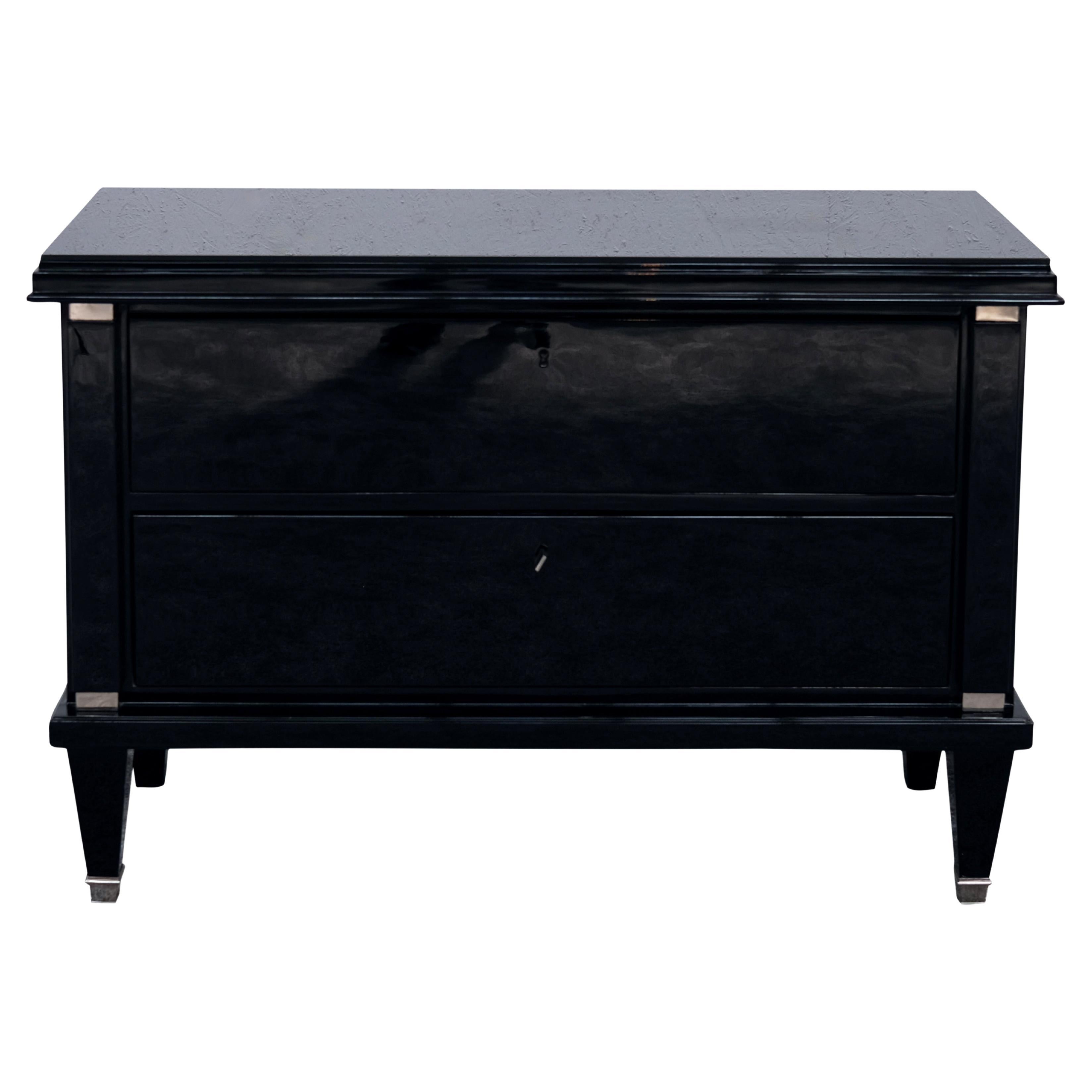 French Art Deco Low Chest of Drawers in Black with Chrome Accents, 1930s