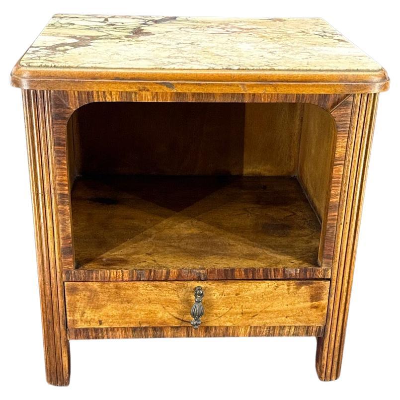 French Art Deco Low Wood Nightstand Side End Table with Marble Top