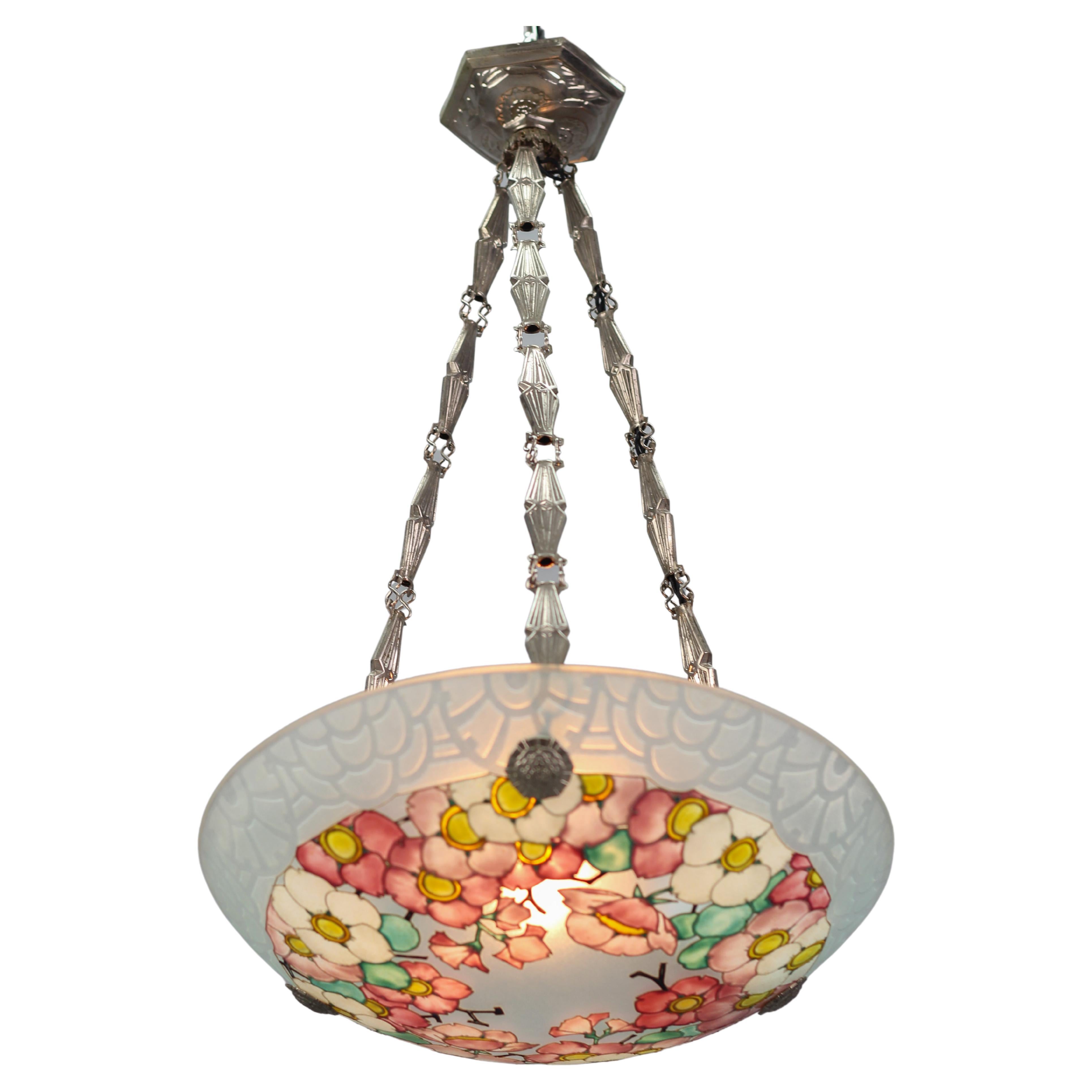 French Art Deco Loys Lucha Signed Enamelled Floral Glass TwoLight