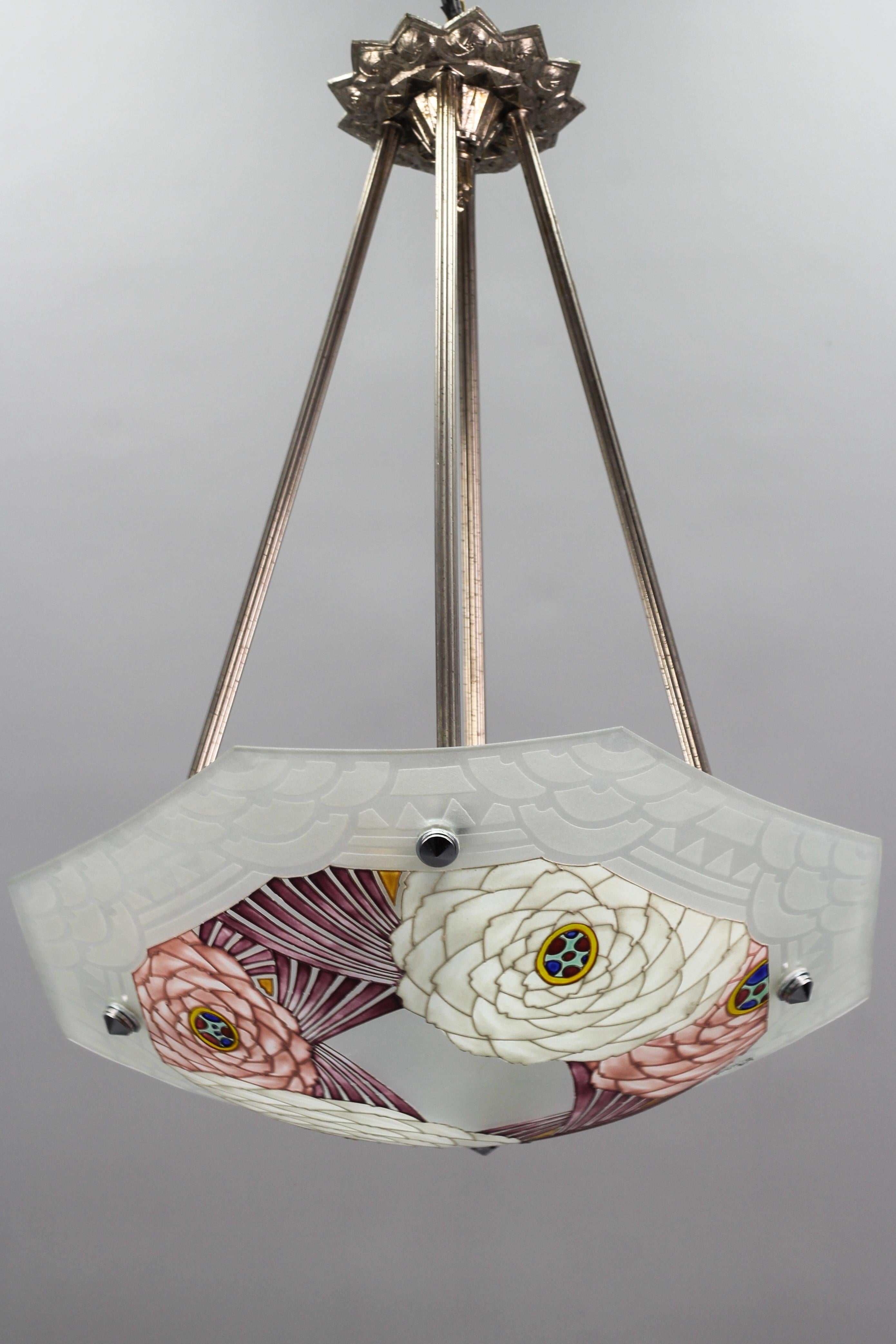 French Art Deco Loys Lucha Signed Enameled Floral Glass Two-Light Pendant Light For Sale 6