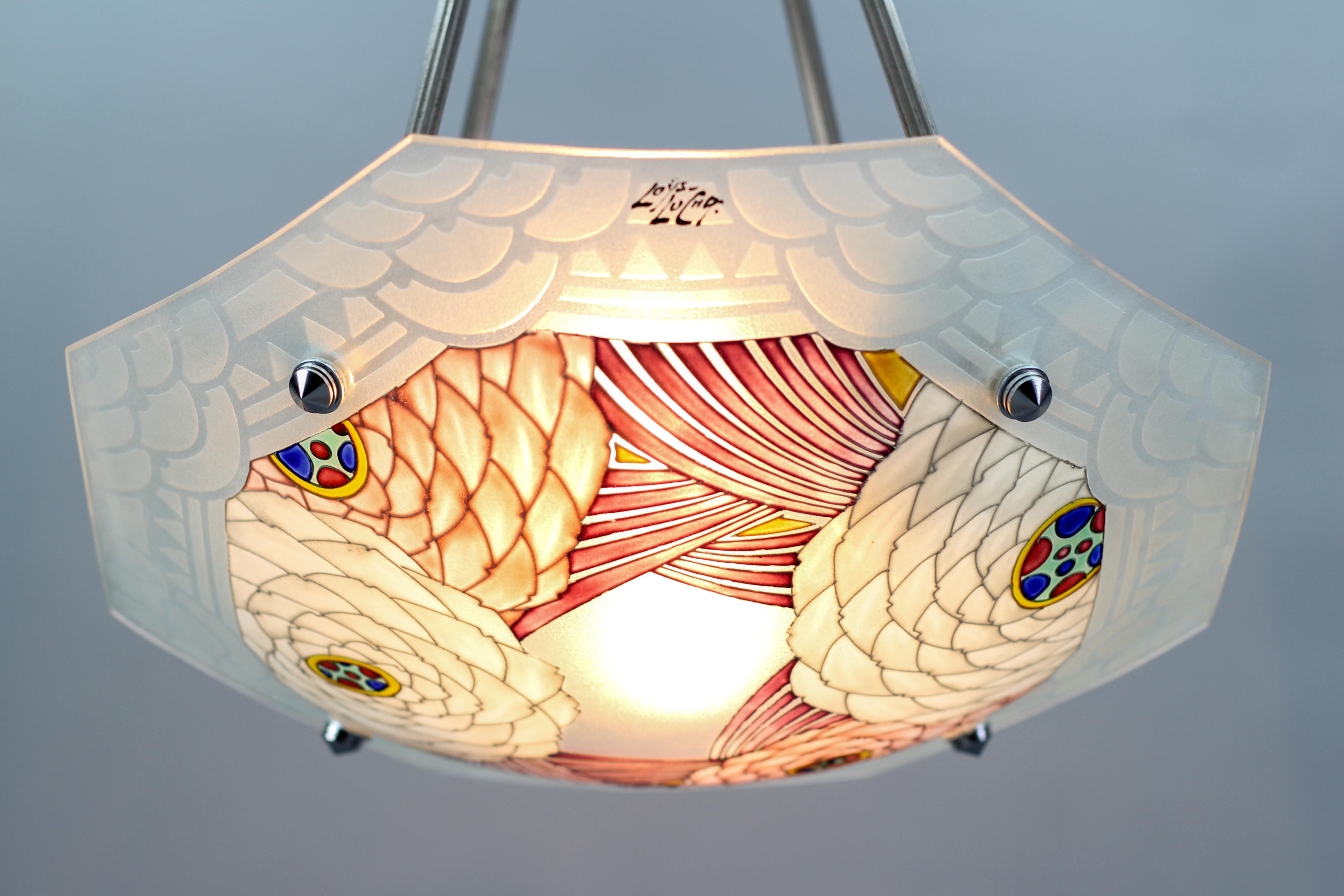 Mid-20th Century French Art Deco Loys Lucha Signed Enameled Floral Glass Two-Light Pendant Light For Sale