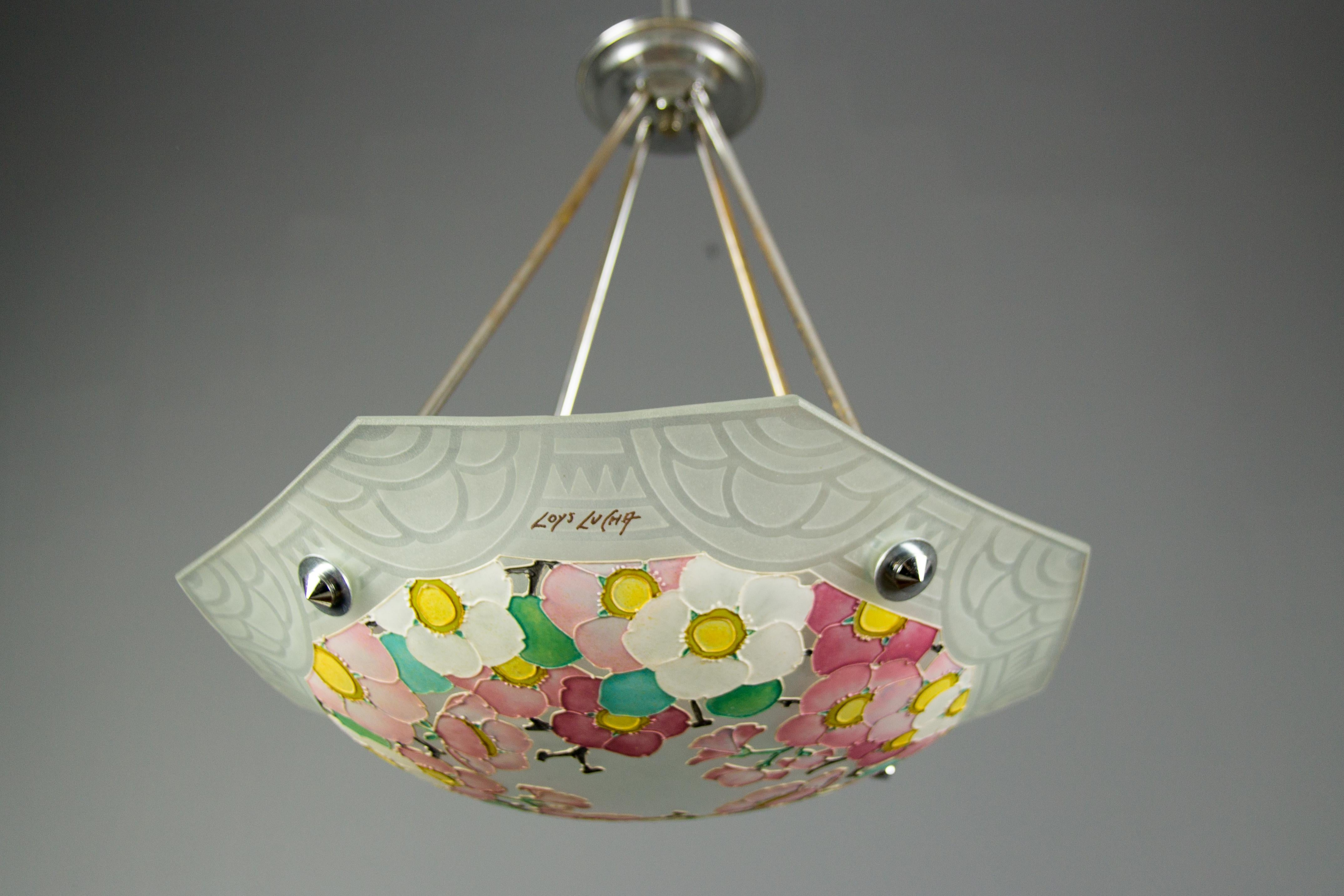 French Art Deco Loys Lucha Signed Enameled Glass Chandelier Pendant, 1930s 3