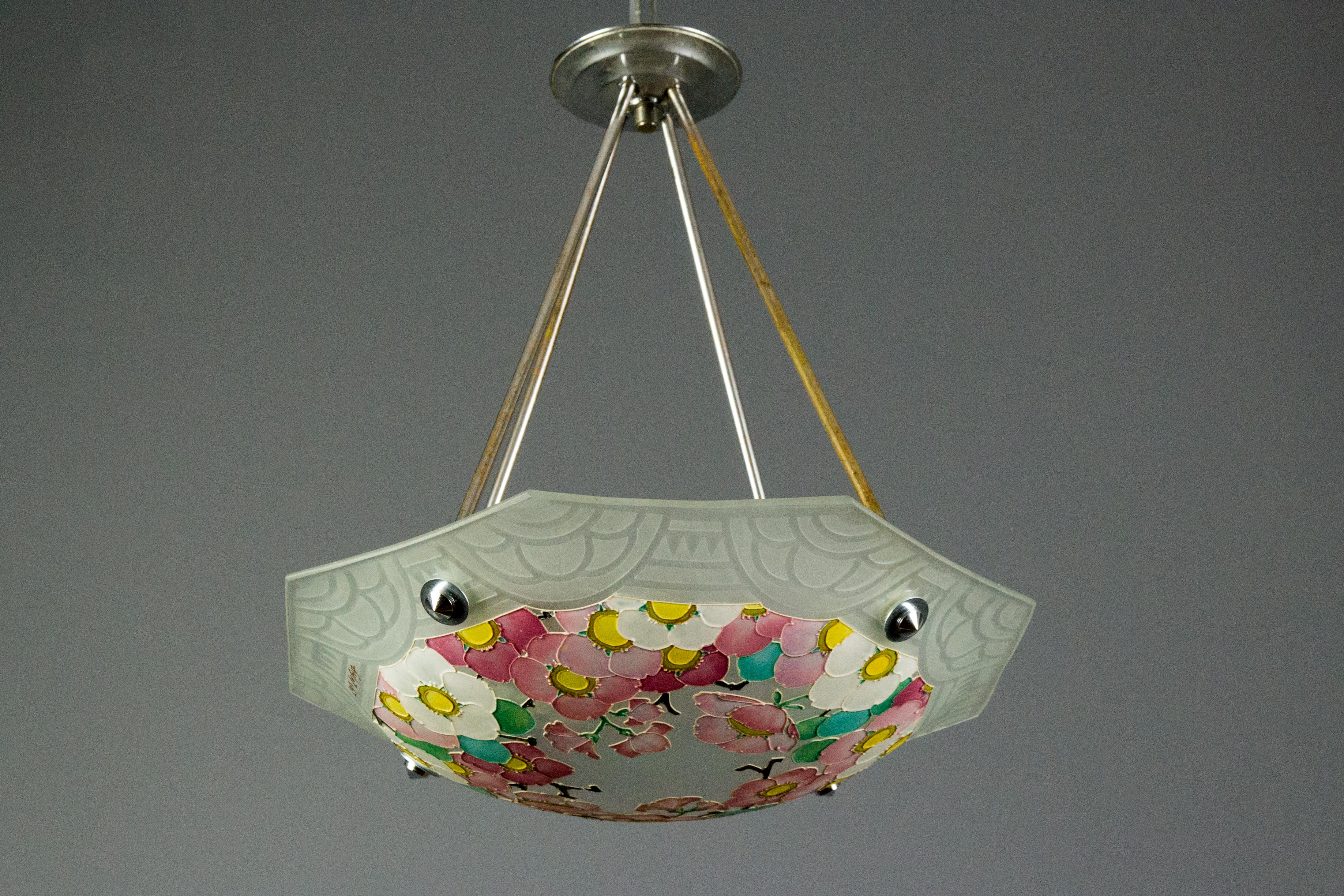 French Art Deco Loys Lucha Signed Enameled Glass Chandelier Pendant, 1930s 5