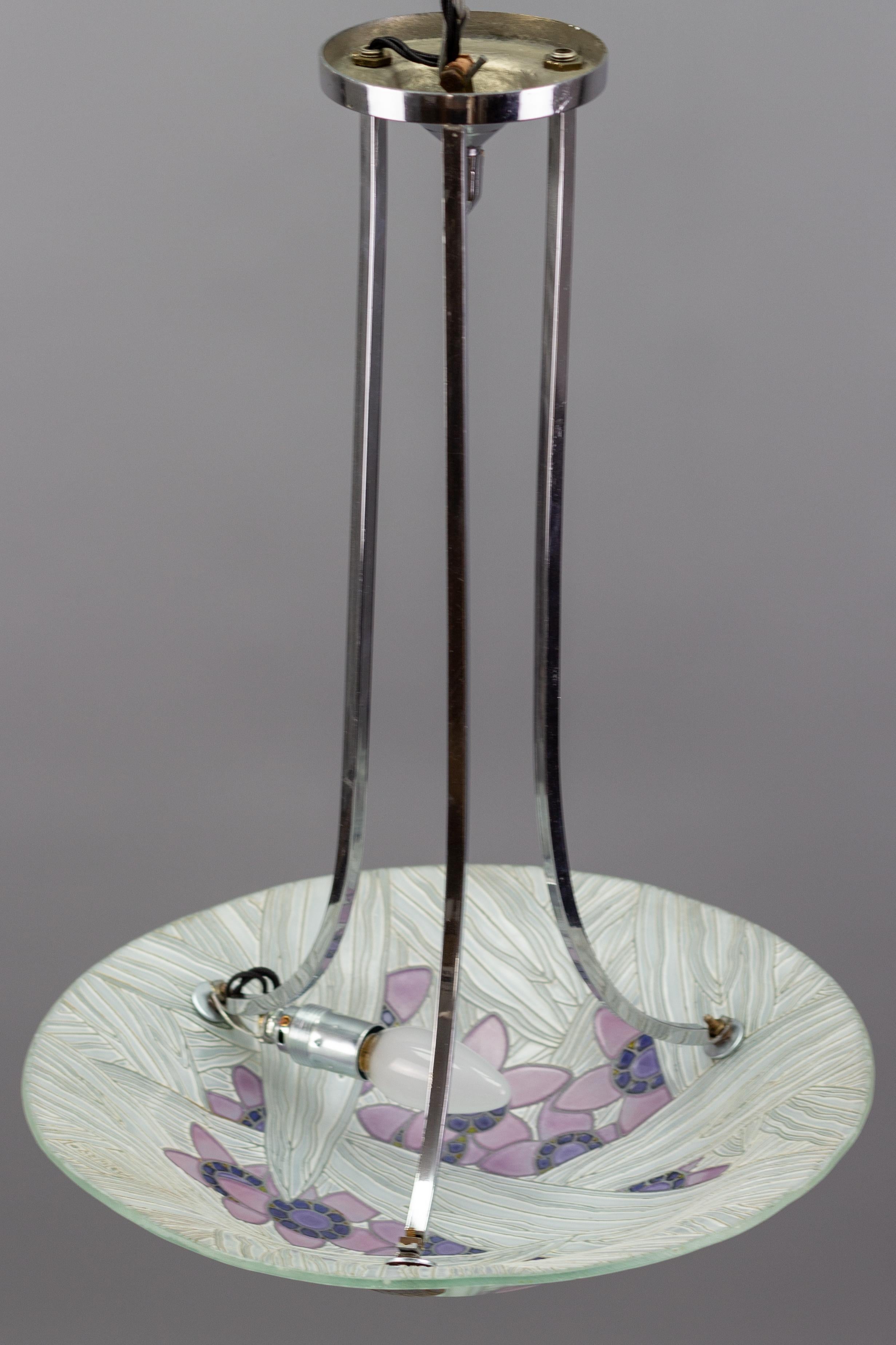 French Art Deco Loys Lucha Signed Floral Glass and Chrome Pendant Light, 1930s For Sale 3