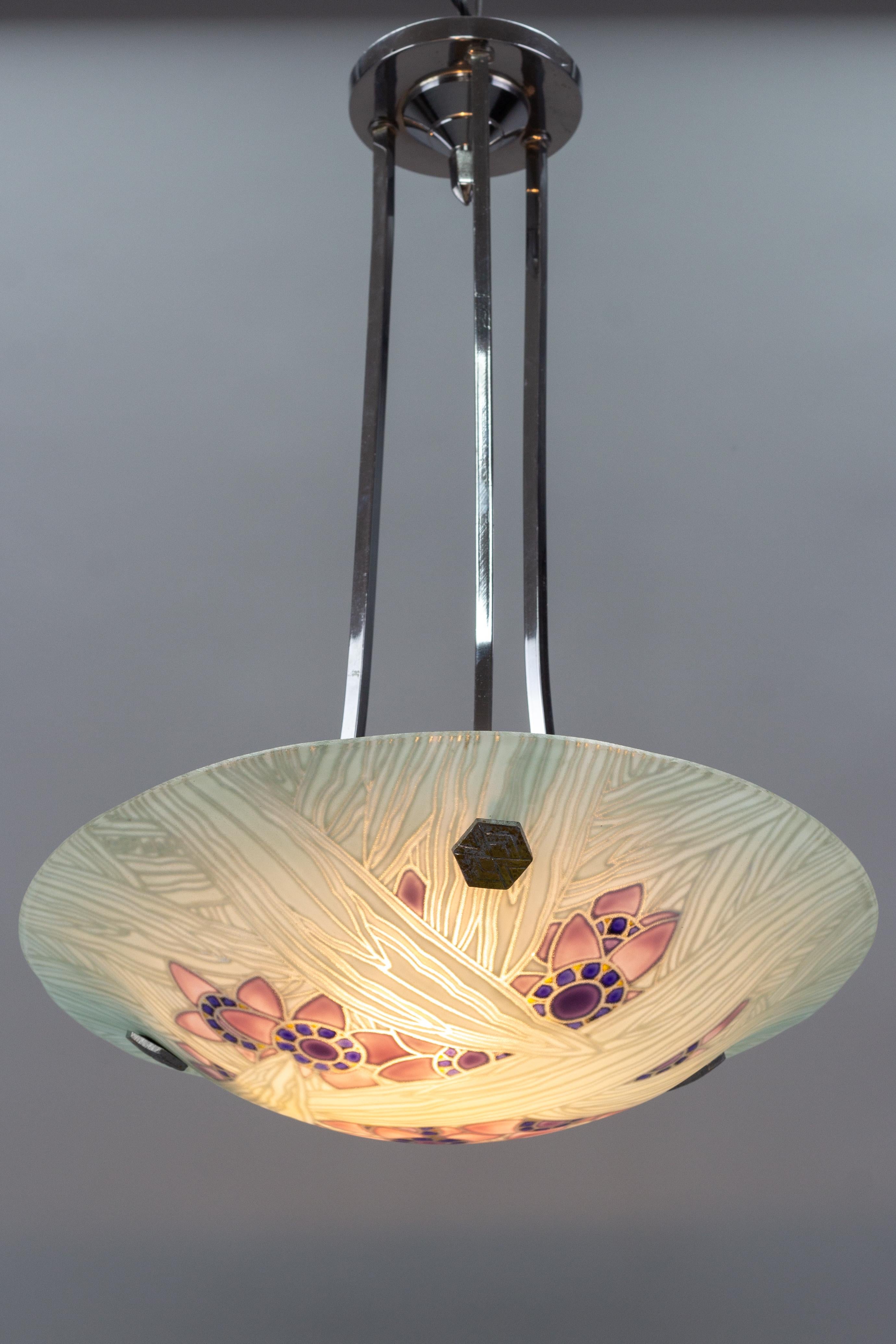 French Art Deco Loys Lucha Signed Floral Glass and Chrome Pendant Light, 1930s For Sale 6
