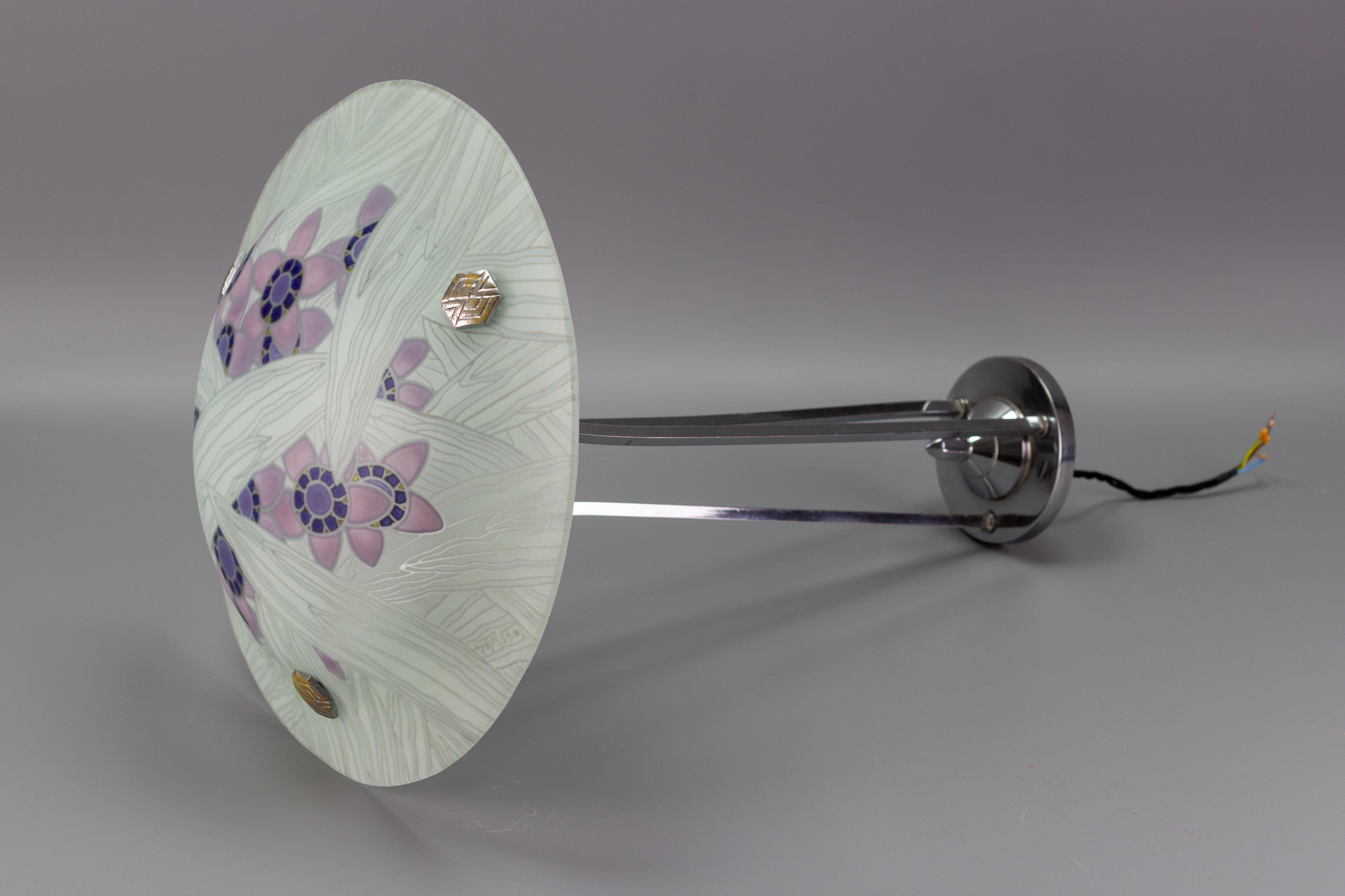 French Art Deco Loys Lucha Signed Floral Glass and Chrome Pendant Light, 1930s For Sale 7