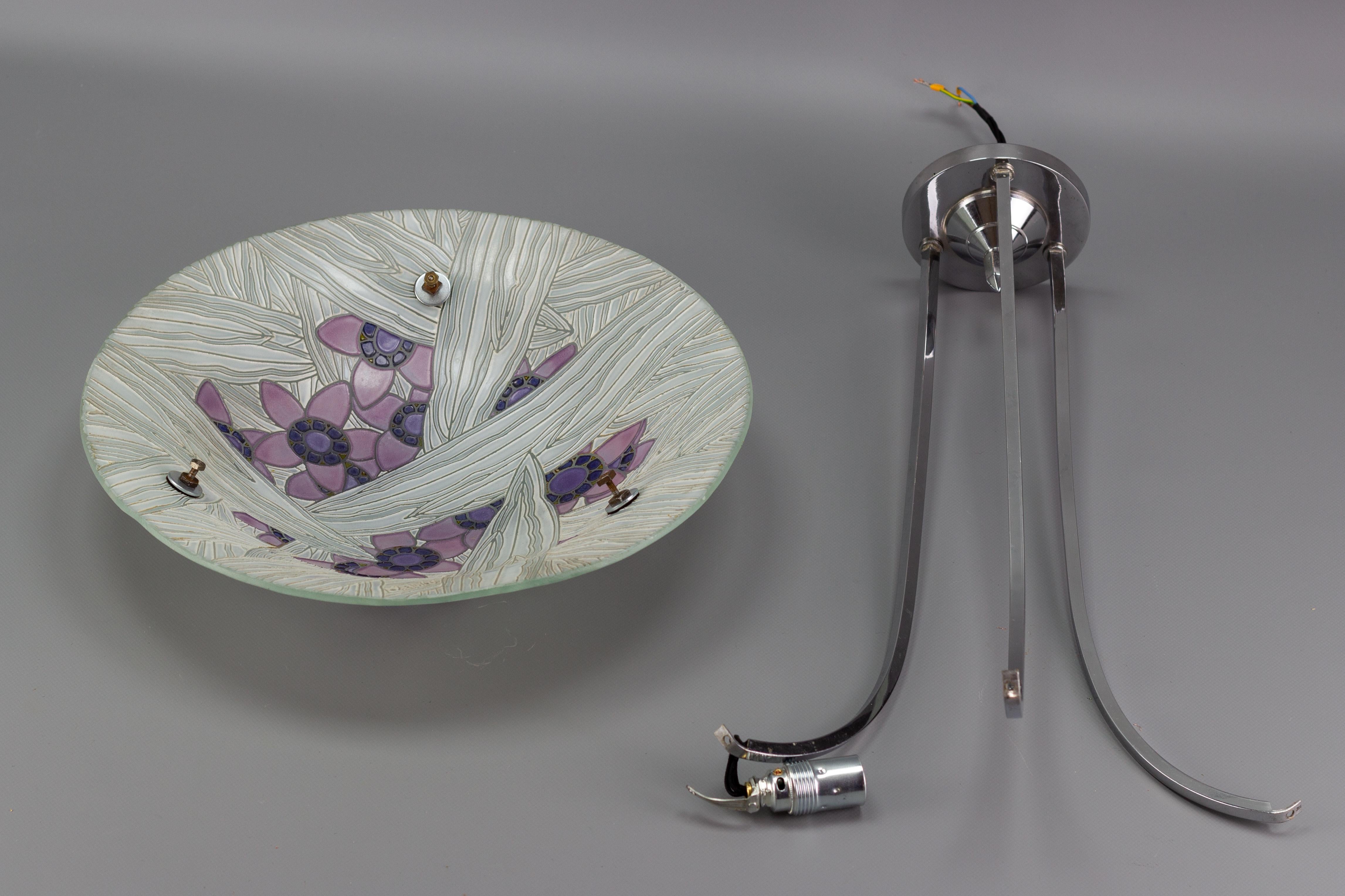 French Art Deco Loys Lucha Signed Floral Glass and Chrome Pendant Light, 1930s For Sale 9