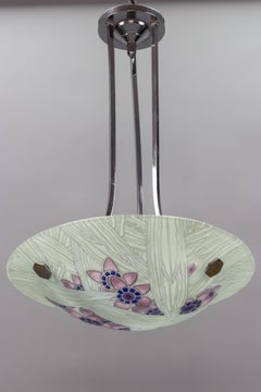 French Art Deco Loys Lucha Signed Floral Glass and Chrome Pendant Light, 1930s