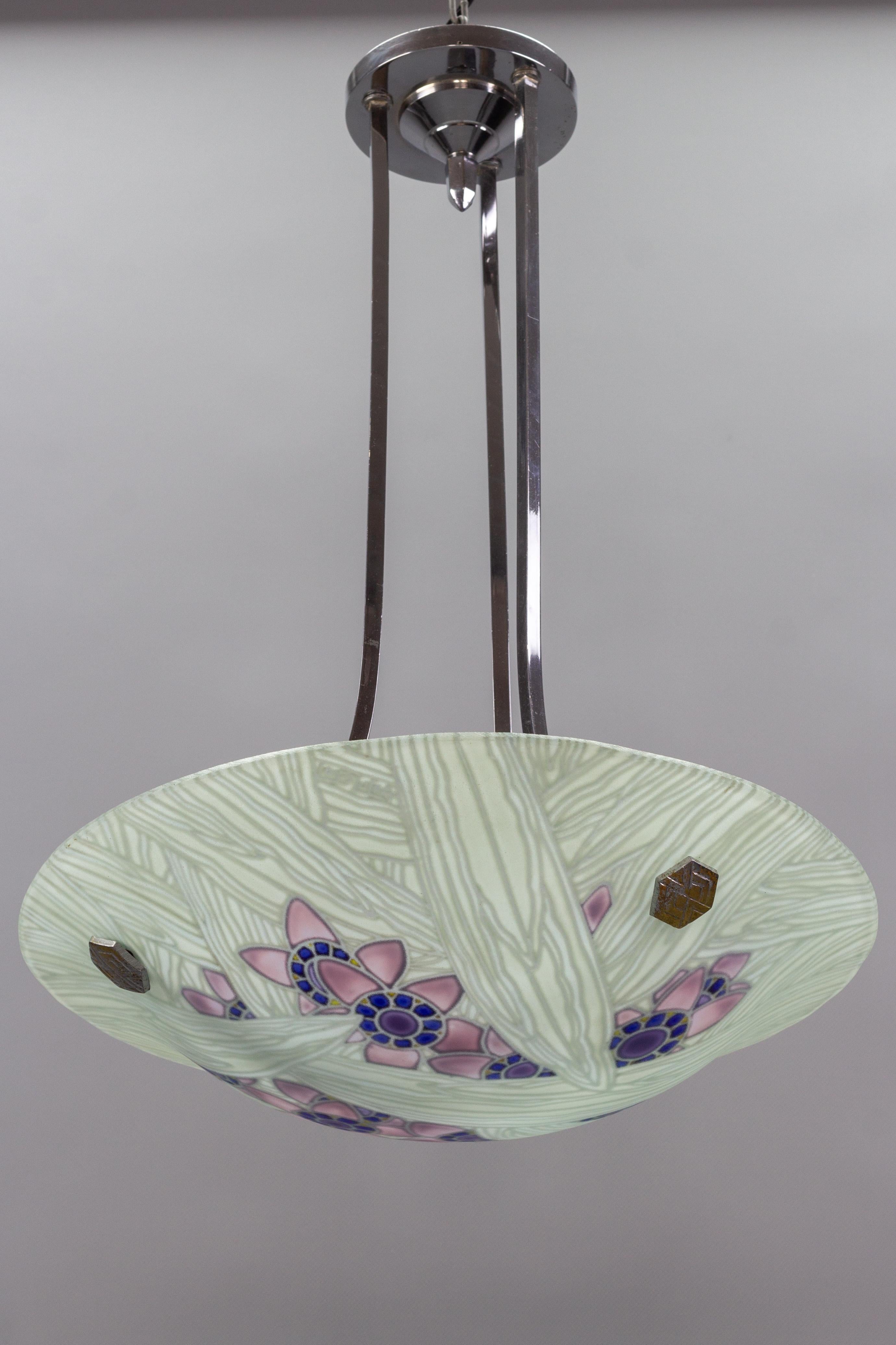 Enameled French Art Deco Loys Lucha Signed Floral Glass and Chrome Pendant Light, 1930s For Sale