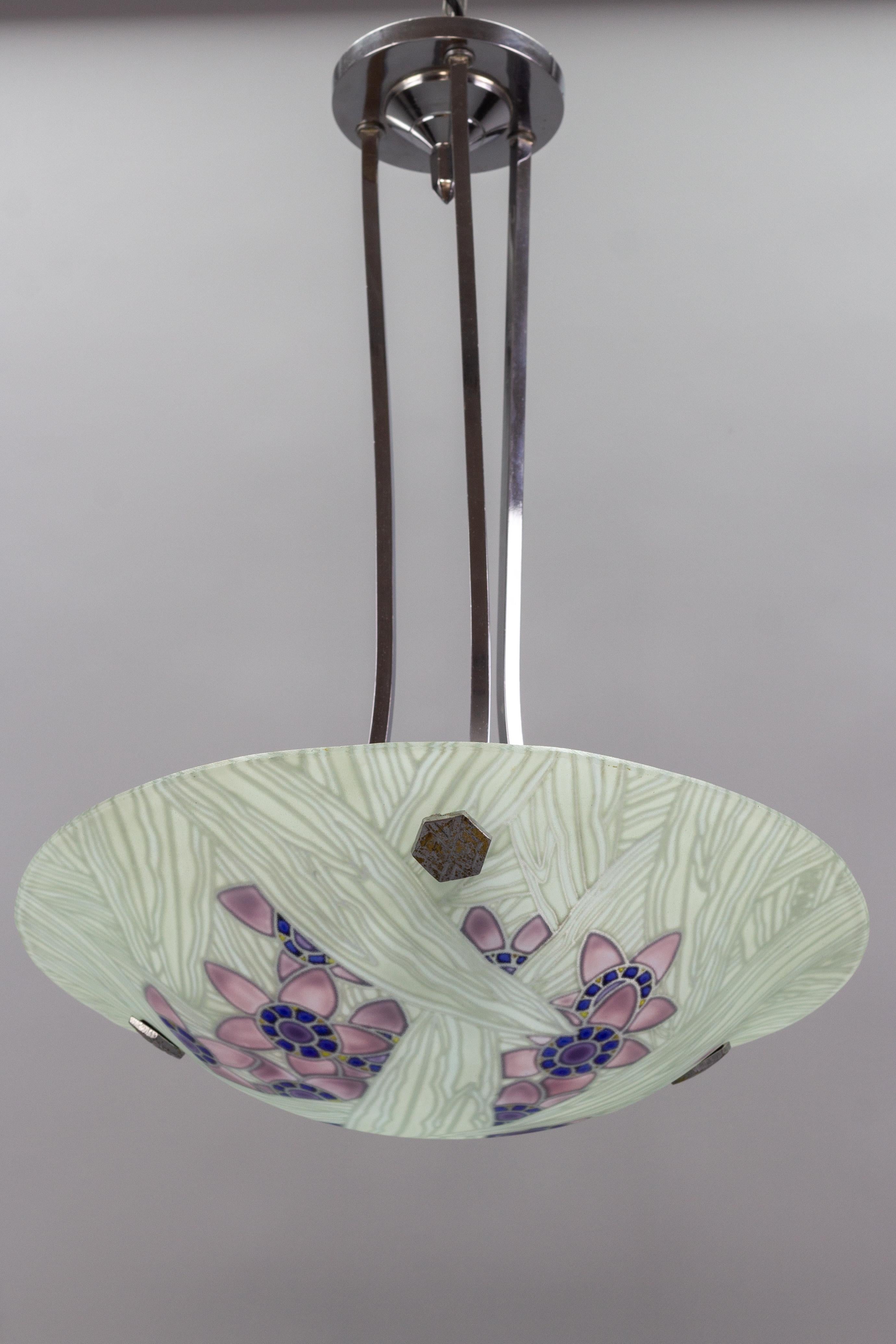 French Art Deco Loys Lucha Signed Floral Glass and Chrome Pendant Light, 1930s In Good Condition For Sale In Barntrup, DE