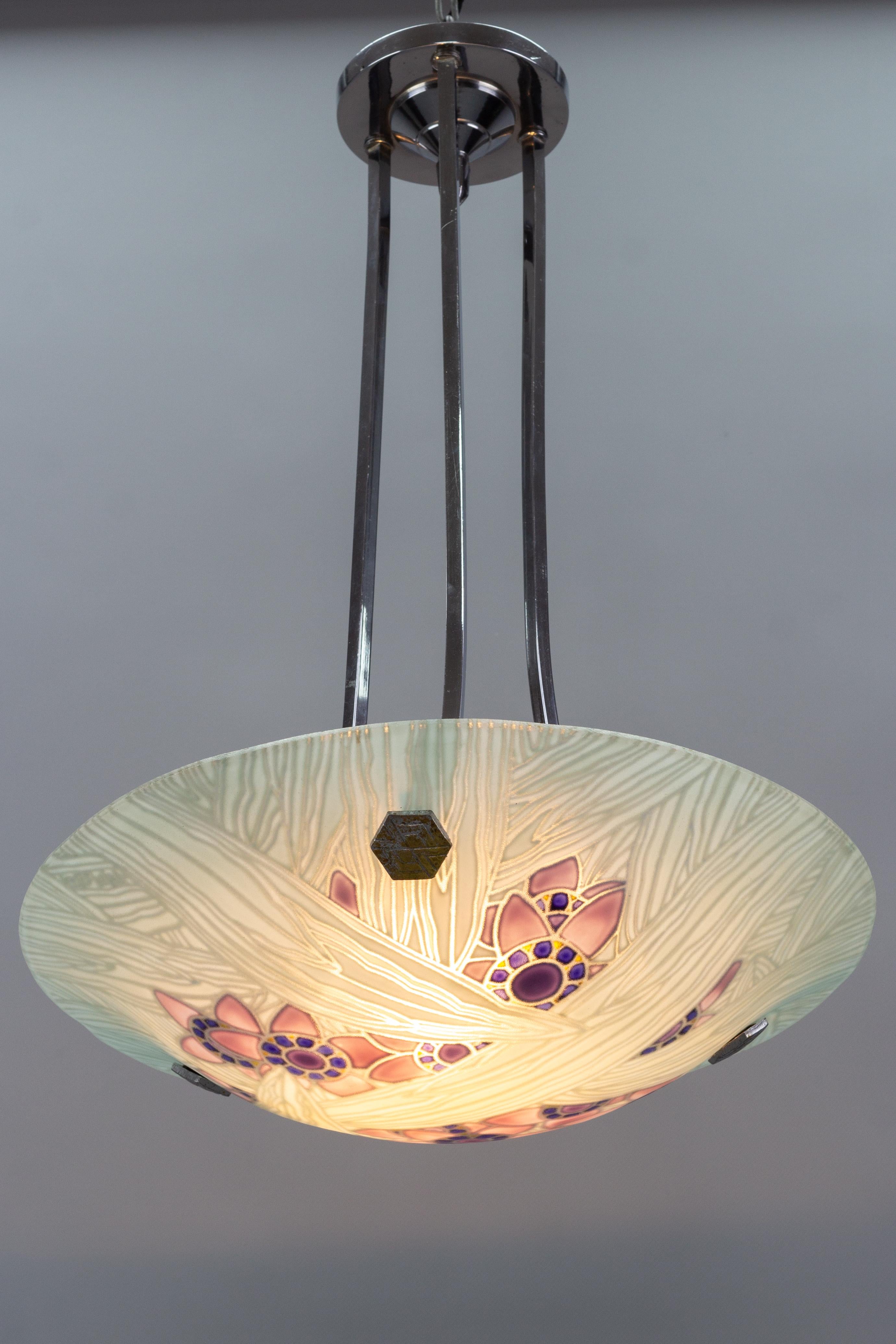 Metal French Art Deco Loys Lucha Signed Floral Glass and Chrome Pendant Light, 1930s For Sale