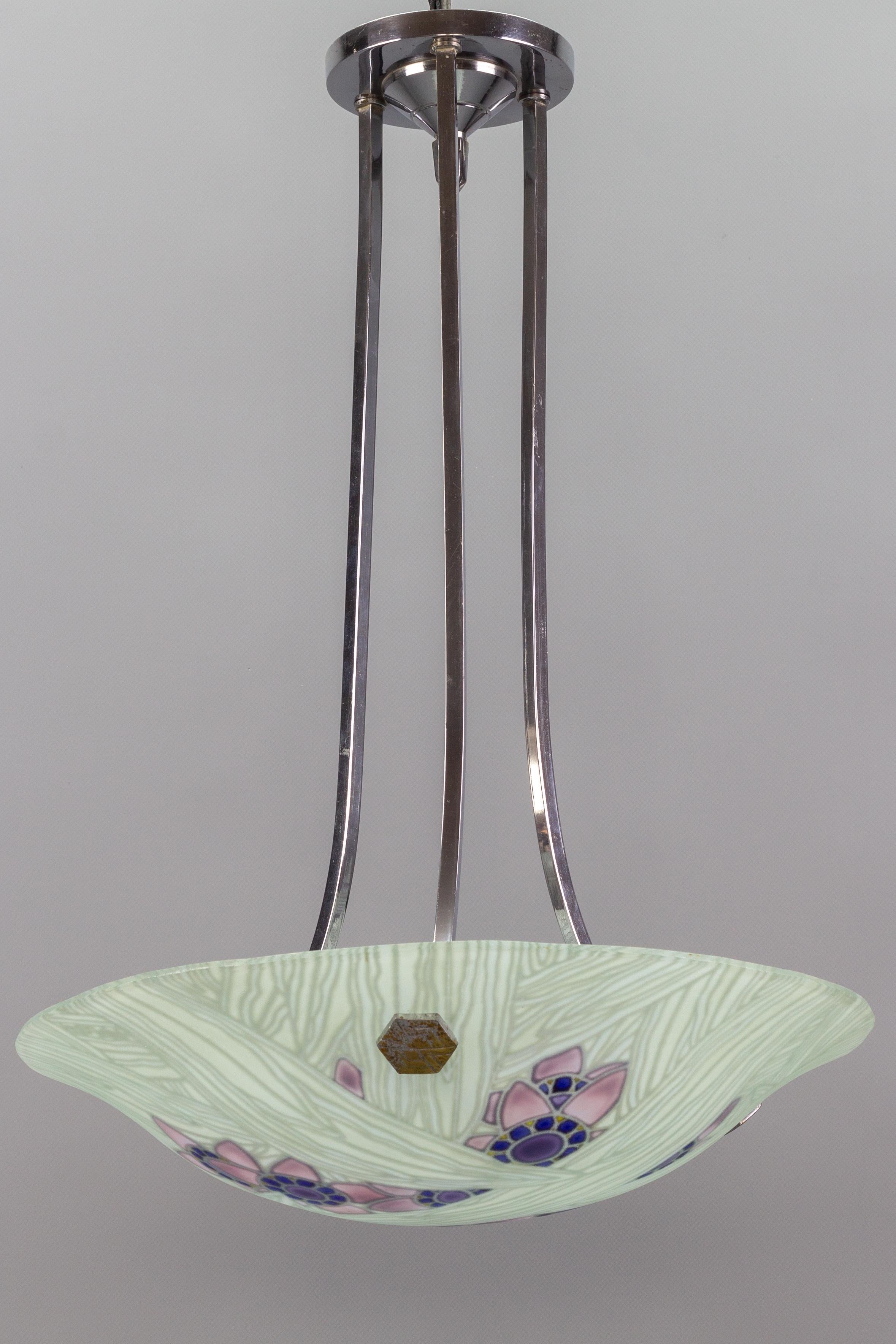 French Art Deco Loys Lucha Signed Floral Glass and Chrome Pendant Light, 1930s For Sale 2