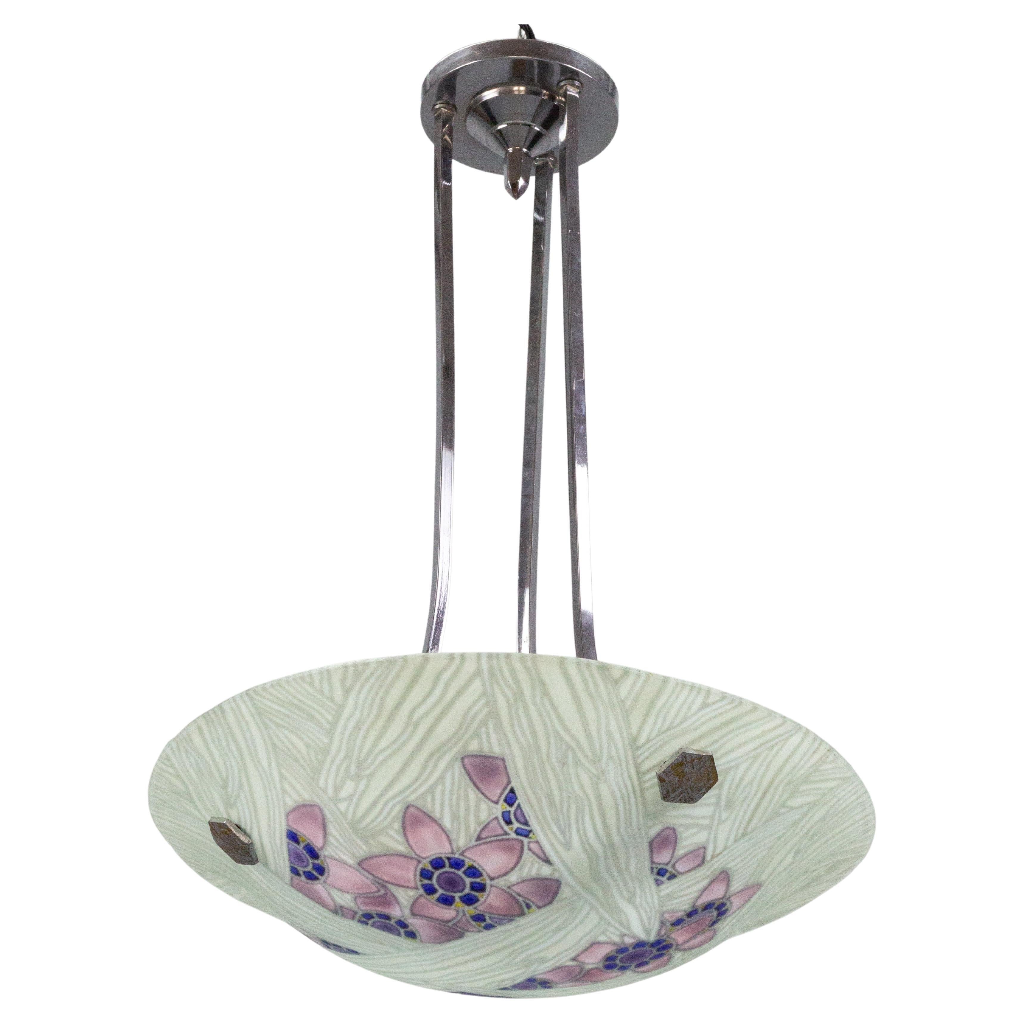 French Art Deco Loys Lucha Signed Floral Glass and Chrome Pendant Light, 1930s For Sale