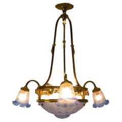 French Art Deco Lustre Blue Frozen Glass Ceiling Pendant Chandelier, circa 1930