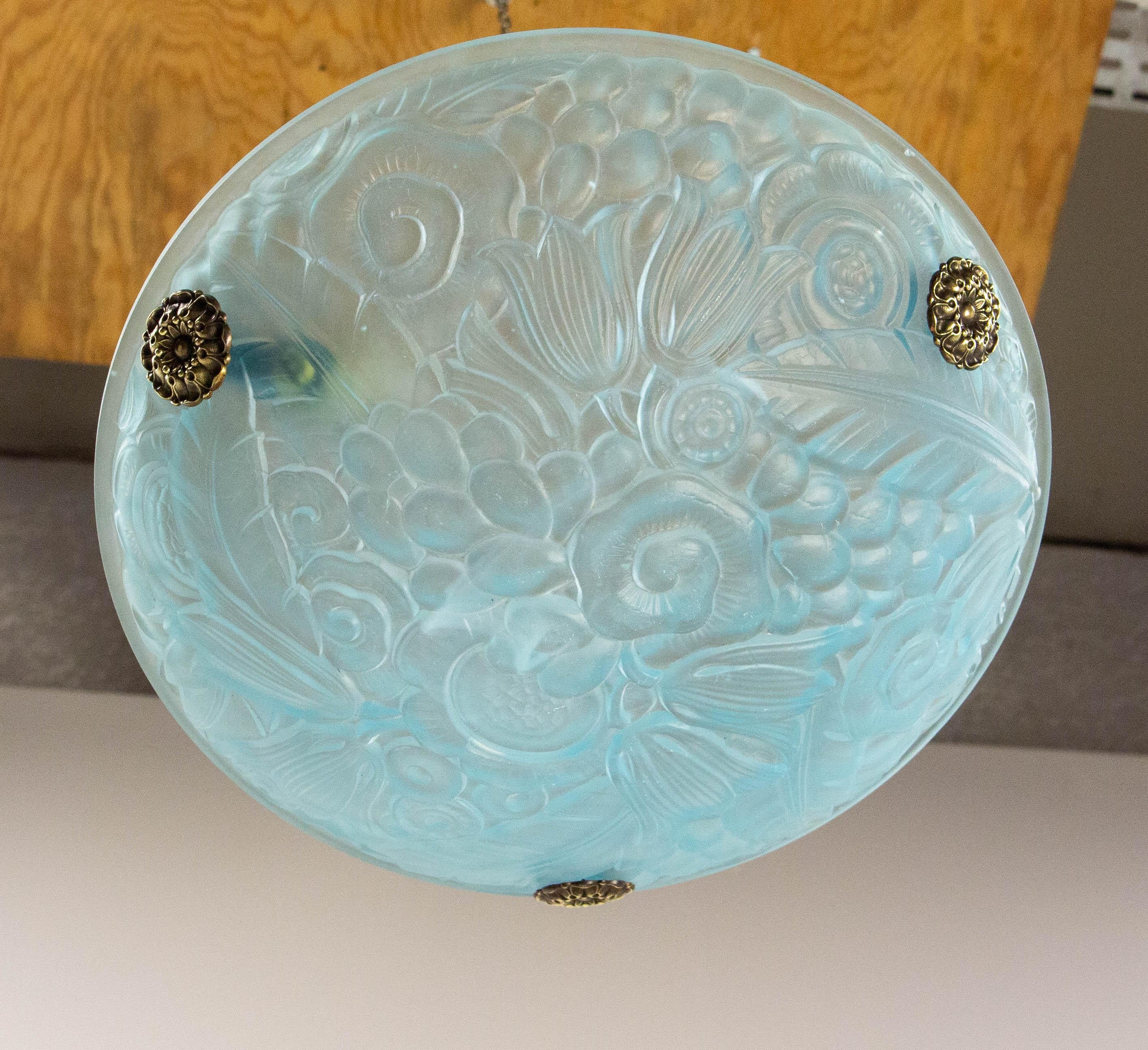 Metà XX secolo Lampadario a sospensione da soffitto francese in vetro blu Lustre Art Glass, 1930 circa in vendita