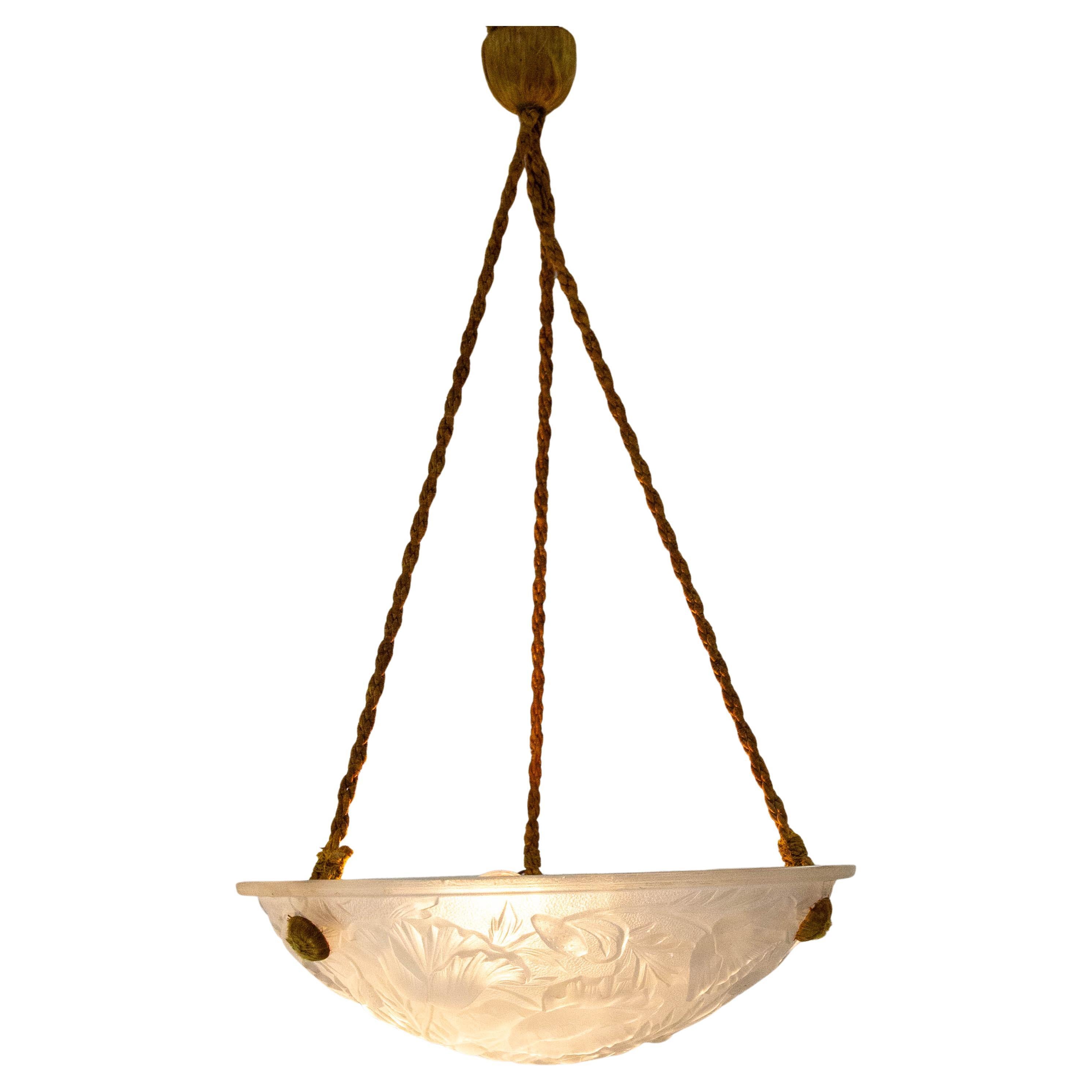 French Art Deco Lustre Frozen Glass Ceiling Pendant Chandelier, circa 1930