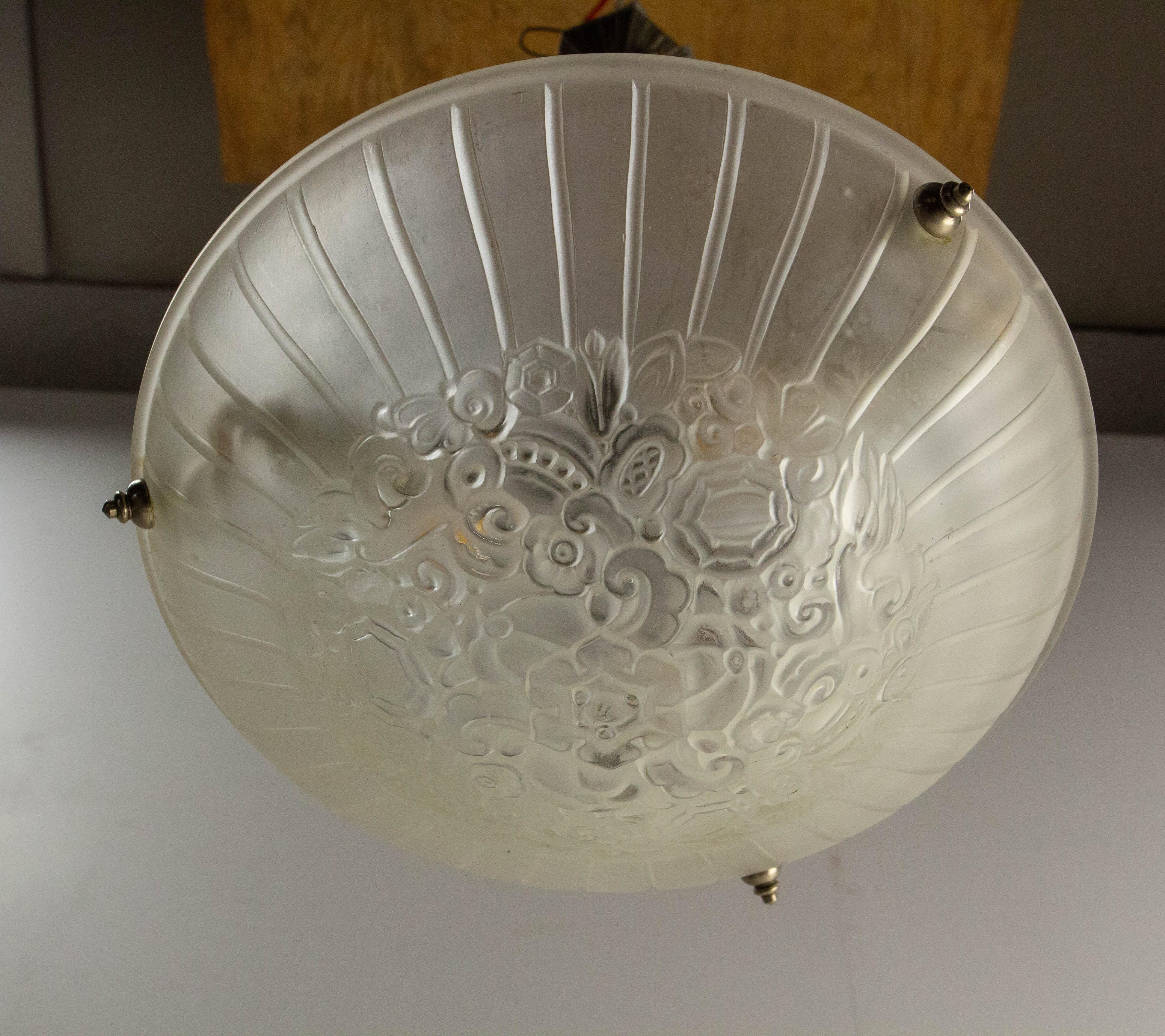 Art Déco Lampadario a sospensione da soffitto in vetro Lustre Art Glass francese, 1925 circa in vendita