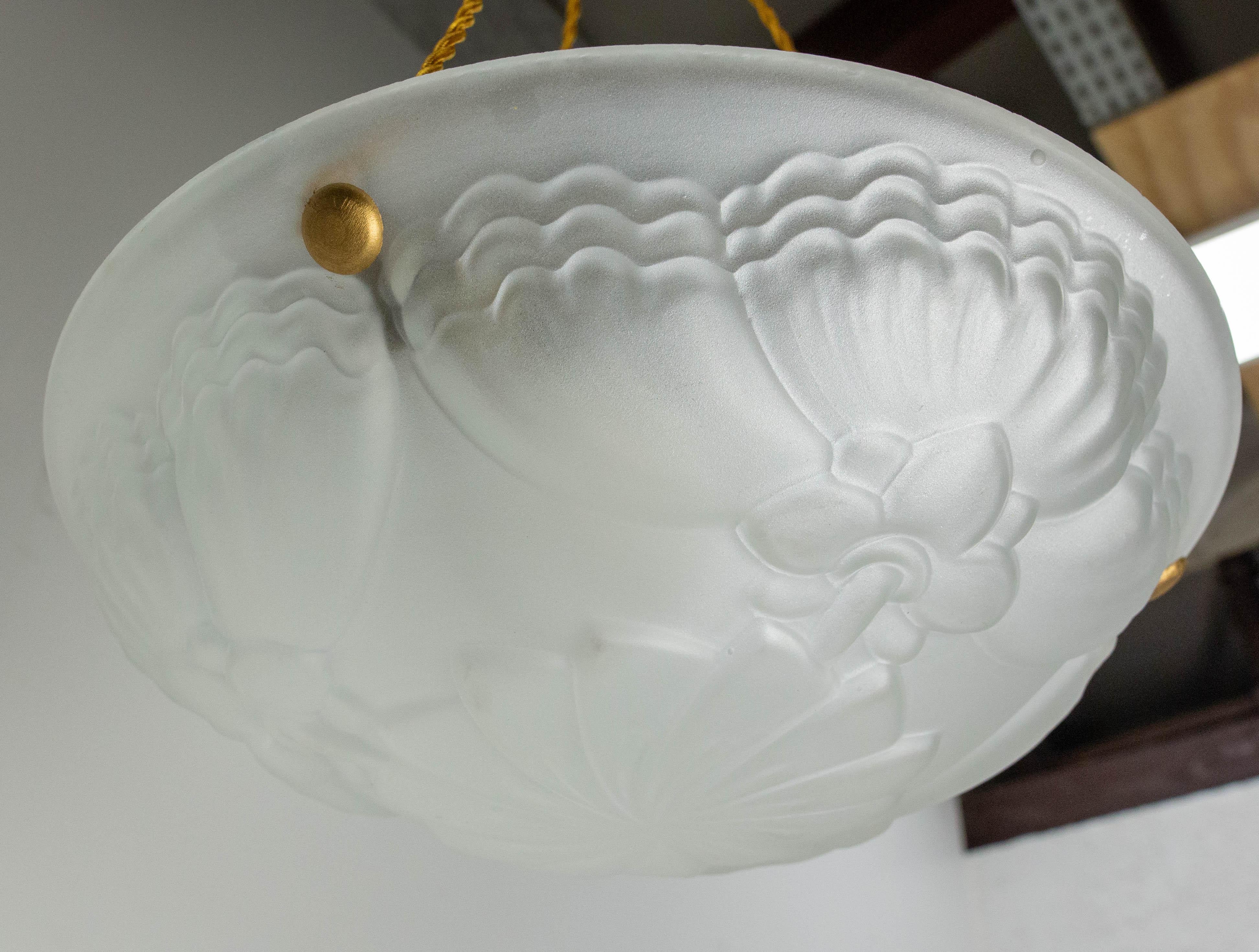 Fabric French Art Deco Lustre Glass Ceiling Pendant Chandelier, circa 1930 For Sale