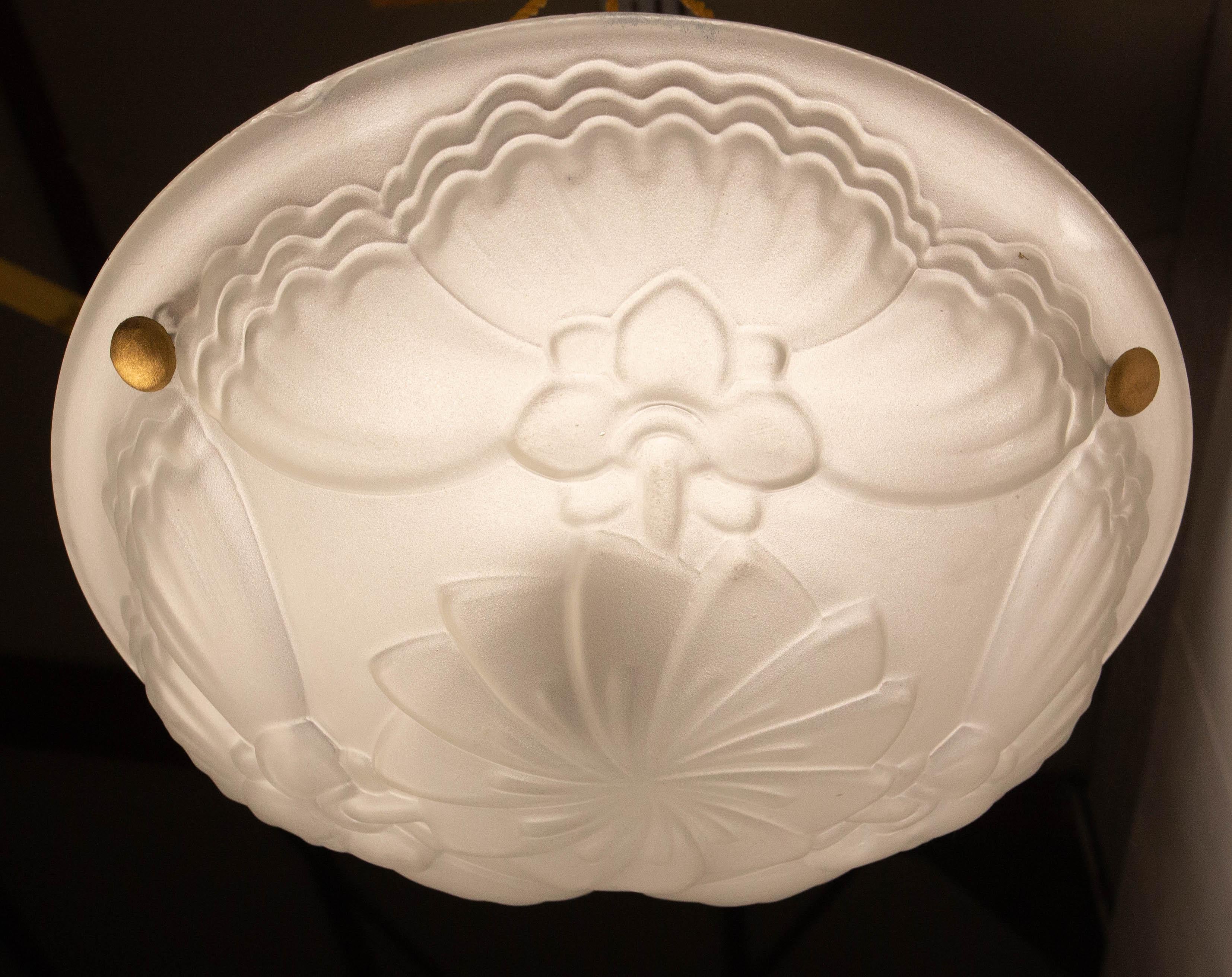 French Art Deco Lustre Glass Ceiling Pendant Chandelier, circa 1930 For Sale 1
