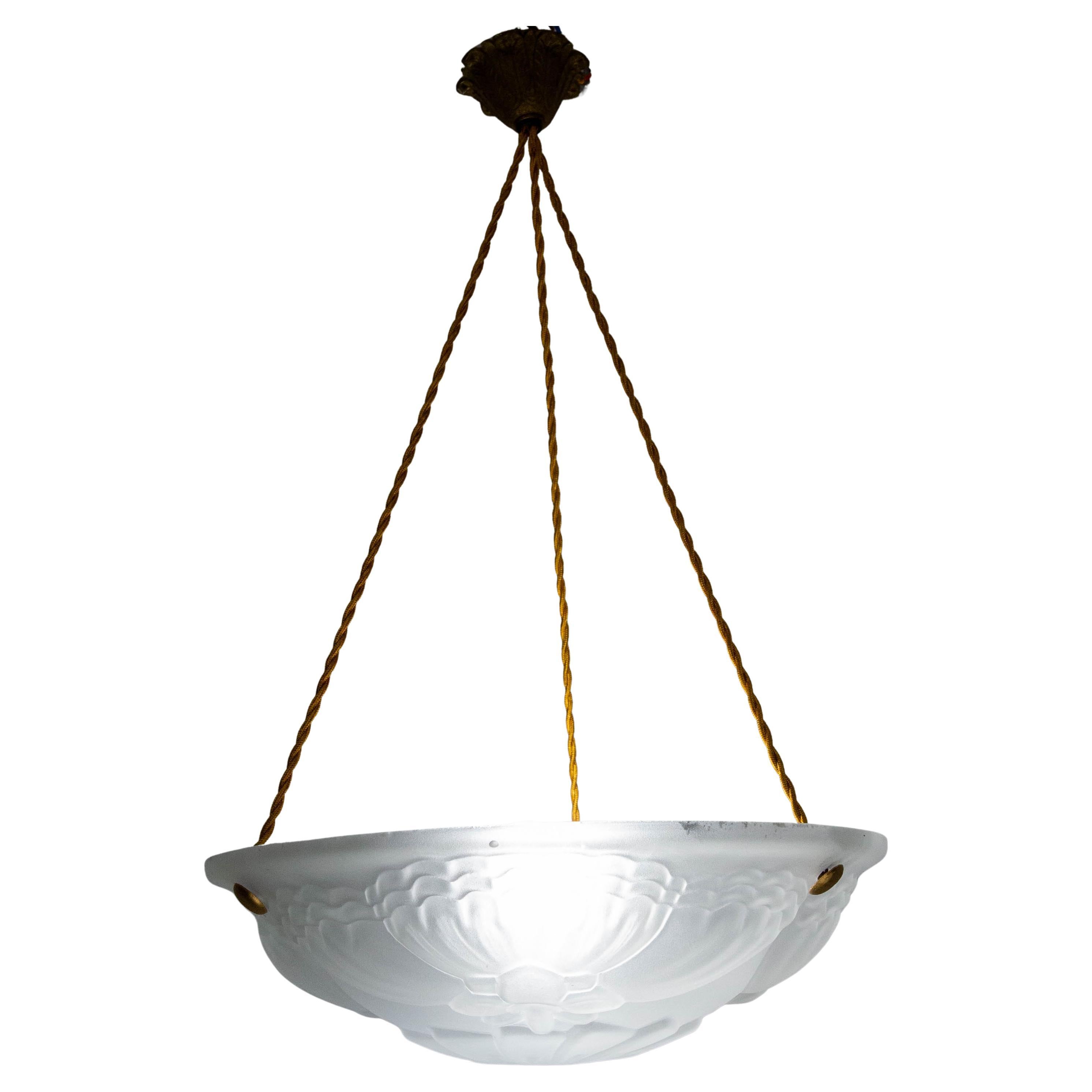 French Art Deco Lustre Glass Ceiling Pendant Chandelier, circa 1930