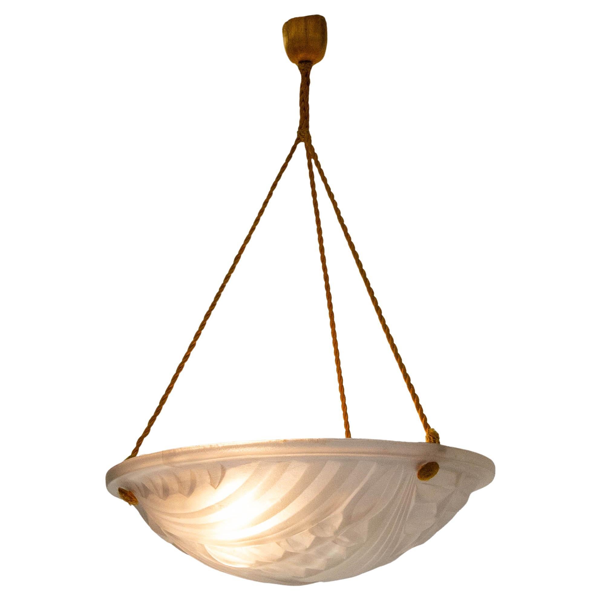 French Art Deco Lustre Glass Ceiling Pendant Chandelier Degué Manufacture c 1930