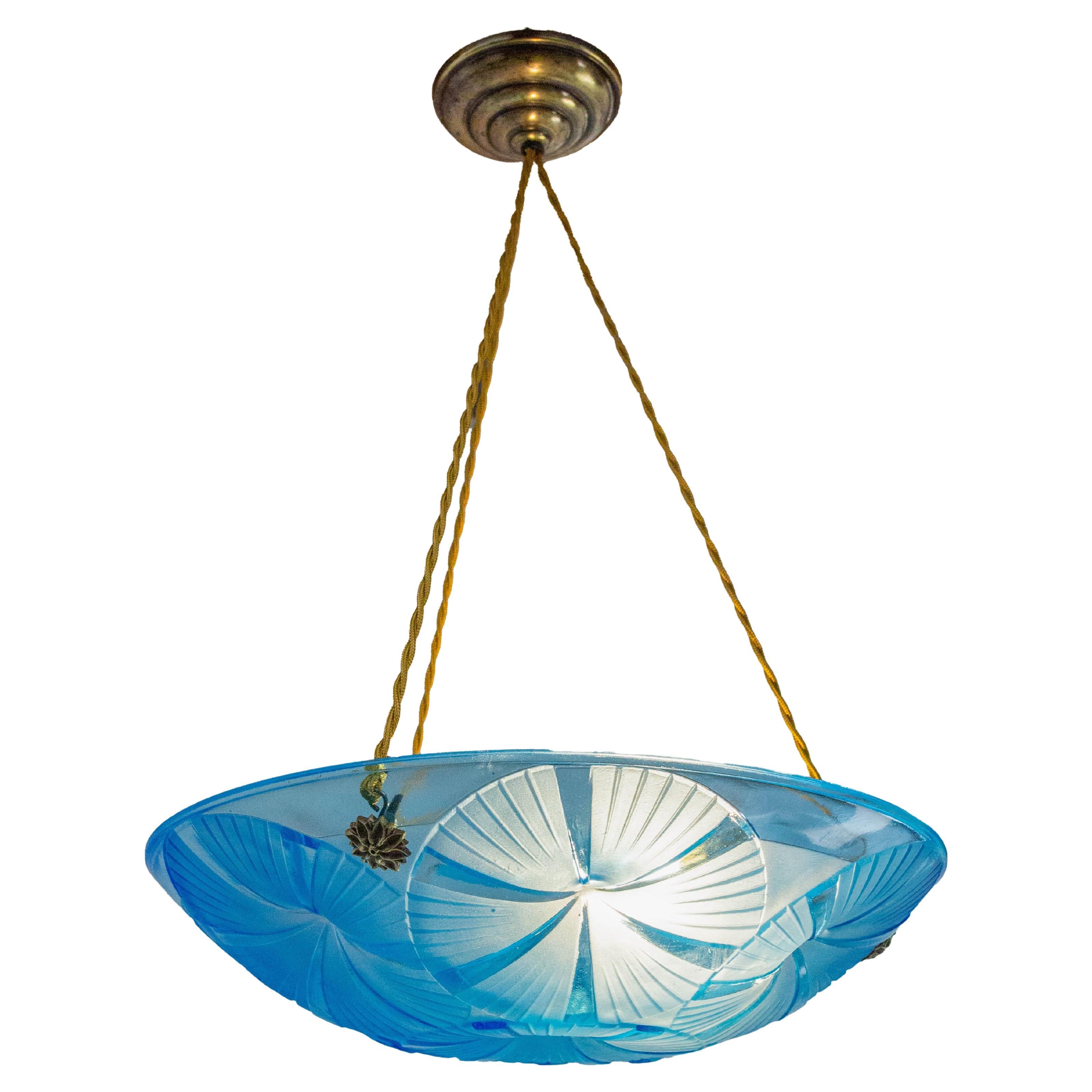 French Art Deco Lustre Glass Ceiling Pendant Chandelier Degué Manufacture c 1930