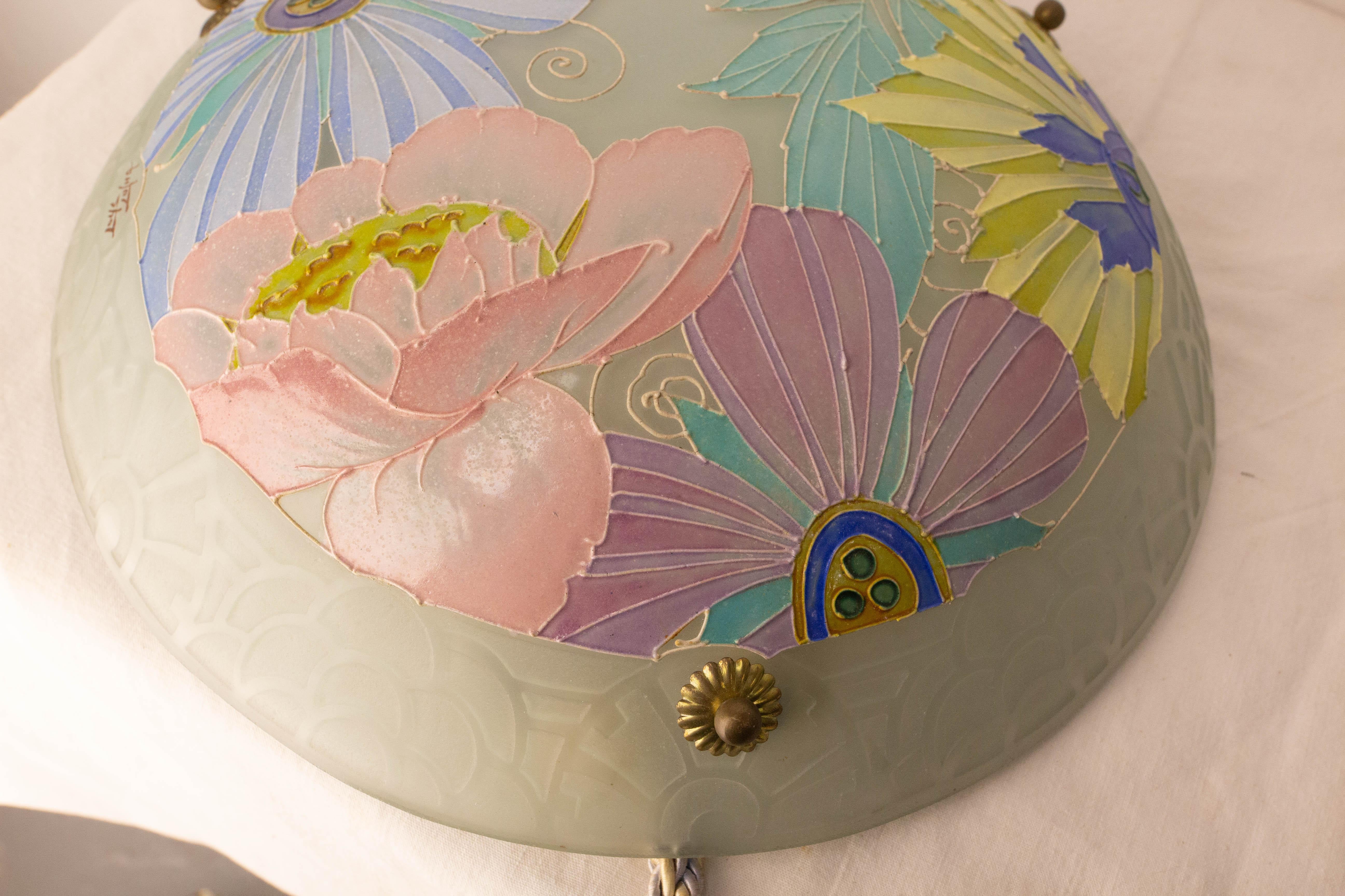 Lampadario a sospensione da soffitto in vetro art déco francese firmato Loys Lucha c. 1930 in vendita 4