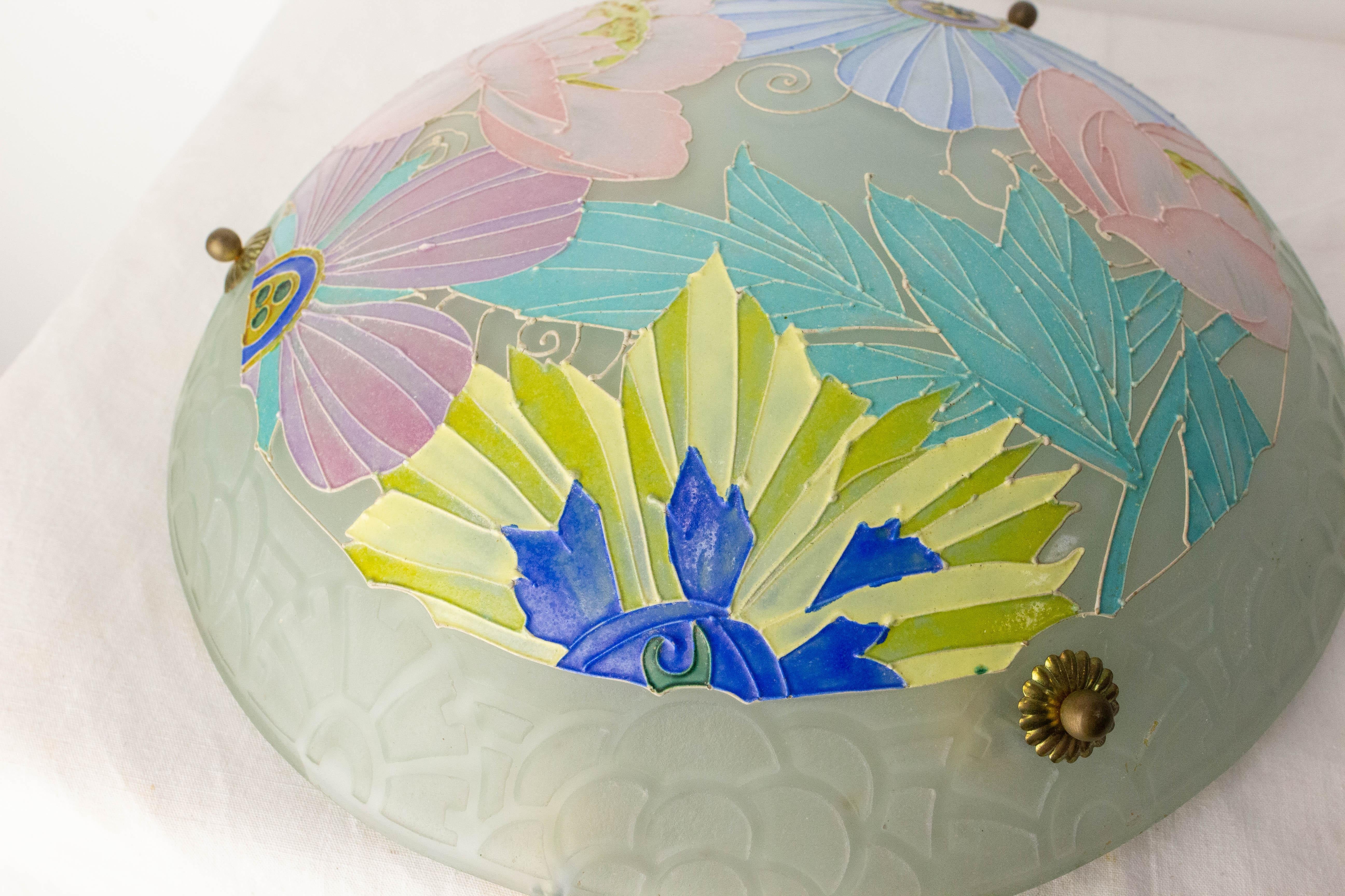 Lampadario a sospensione da soffitto in vetro art déco francese firmato Loys Lucha c. 1930 in vendita 5