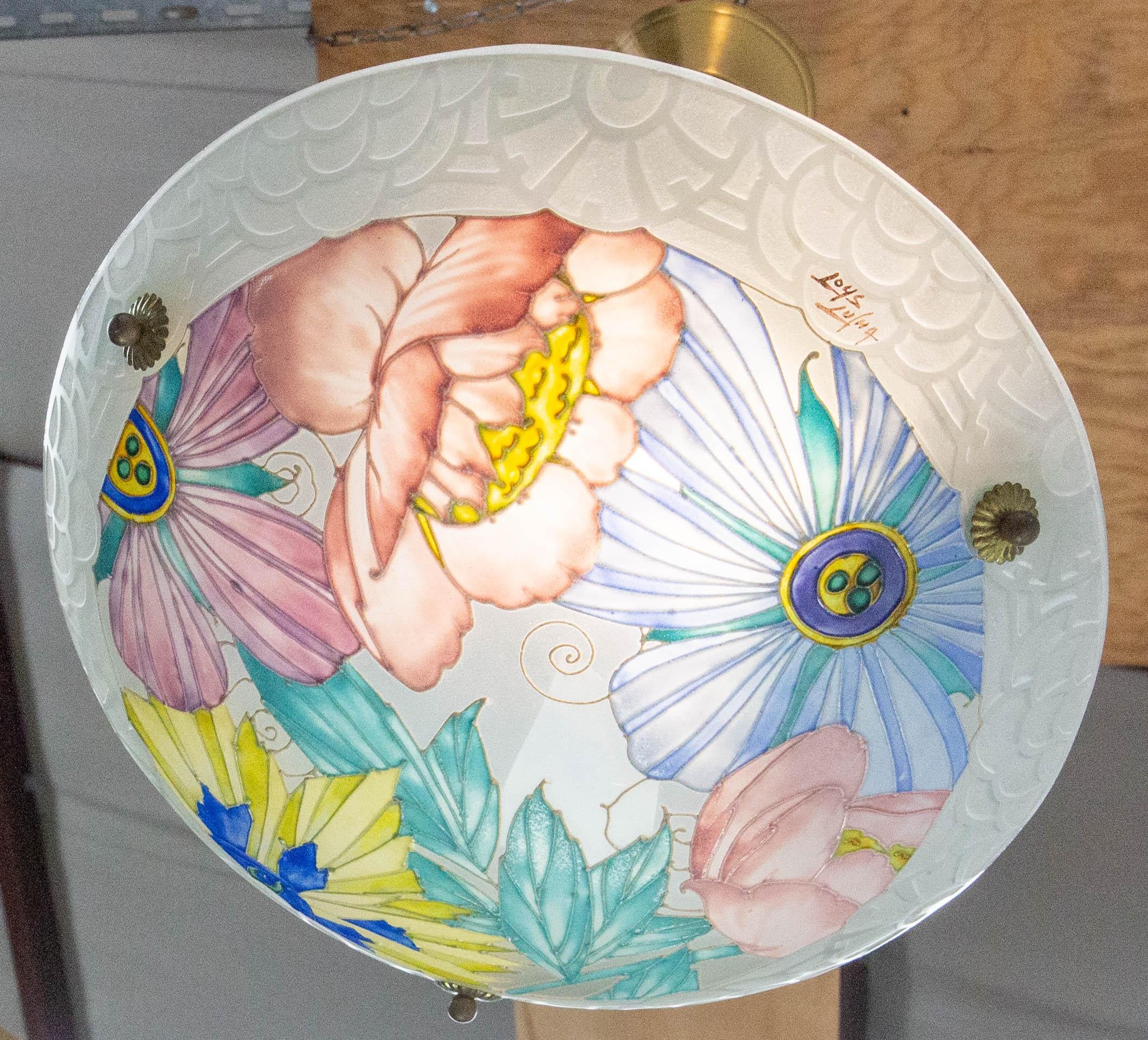 Art Déco Lampadario a sospensione da soffitto in vetro art déco francese firmato Loys Lucha c. 1930 in vendita
